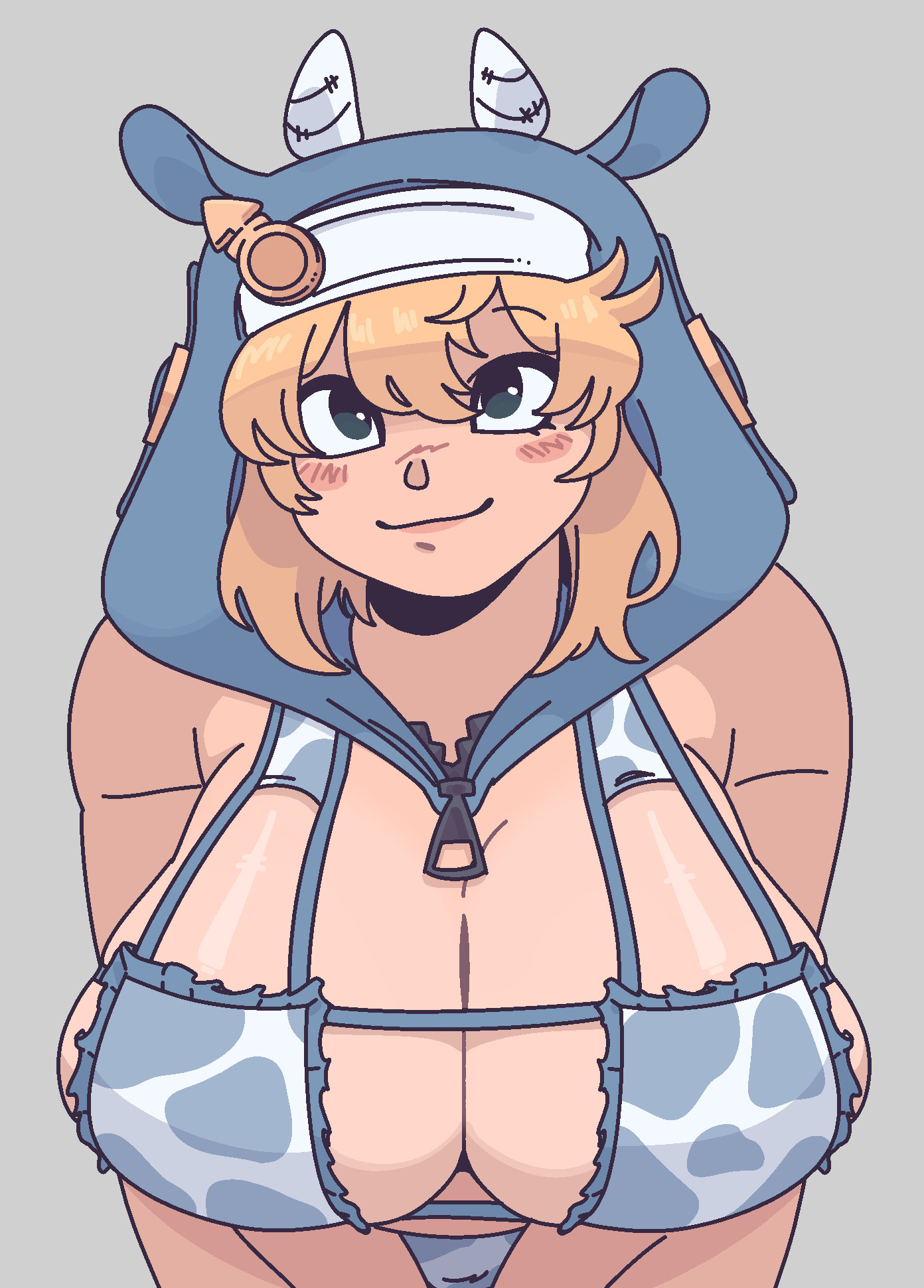 1girls, alternate breast size, alternate costume, androgyne symbol, bikini top, blonde hair, blush, breasts, bridget, color, cow ears, cow print, cow print bikini, doodle, female, female focus, female only, front view, glassesfetish, green eyes, grey background, guilty gear, guilty gear strive, hood, large breasts, skindentation, smile, trans, trans woman, transfem, transgender, transgender woman, worklunchbox
