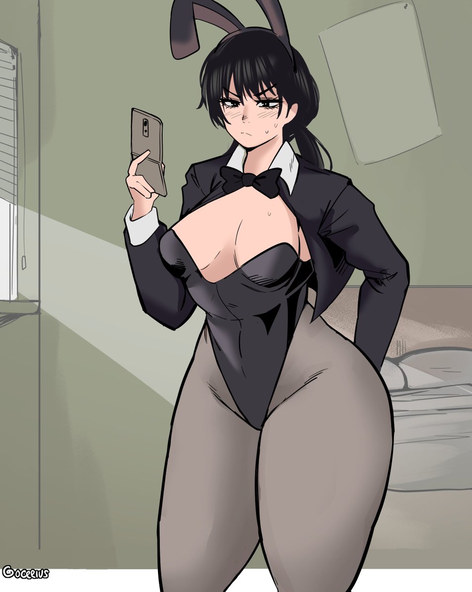 black hair, breasts, bunny girl, bunnysuit, chainsaw man, female, fully clothed, leotard, medium breasts, mitaka asa, ocerius, selfie, solo, sweat, thick thighs