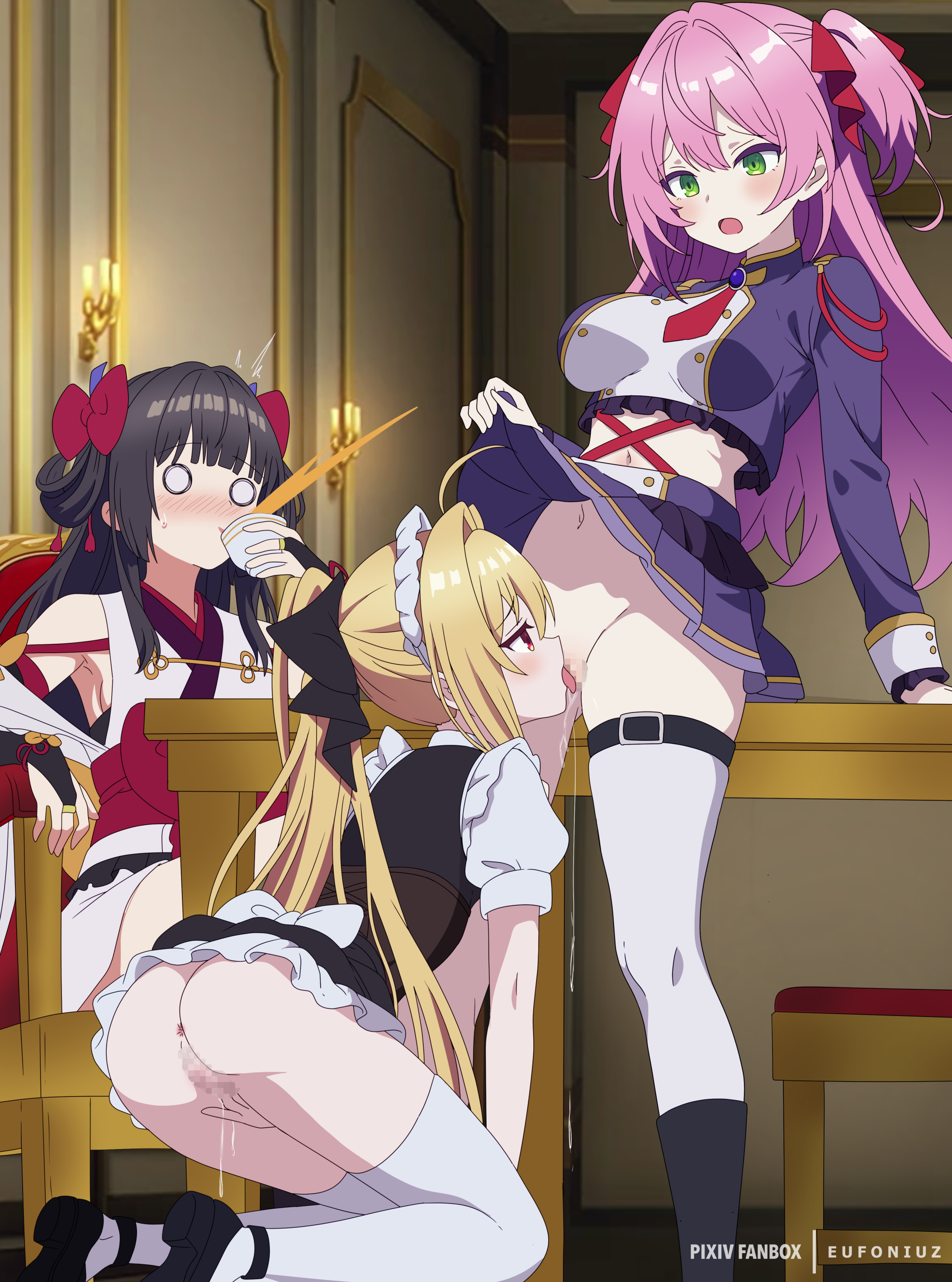3girls, absurdres, amatsu karla, anus, armpits, artist name, ascot, ass, being watched, black hair, black shoes, blonde hair, bottomless skirt, bow, breasts, censored, clothed female, clothed sex, clothes lift, commentary request, commission, cunnilingus, drooping breasts, eufoniuz, female, female masturbation, femdom, femsub, fingering, furrowed brow, green eyes, hairbow, high ponytail, highres, hikikomari kyuuketsuki no monmon, indoors, kneeling, lifting own clothes, long hair, long sleeves, maid headdress, masturbating during cunnilingus, masturbation, mosaic censoring, multiple females, multiple girls, navel, nelia cunningham, no panties, o o, open mouth, oral, oral sex, pink hair, pixiv commission, pixiv username, pleated skirt, ponytail, pussy, pussy juice, red ascot, red bow, red eyes, shoes, sitting, skindentation, skirt, skirt lift, spit take, spitting, table, terakomari gandezblood, thighhighs, tongue, tongue out, two side up, white thighhighs, yuri