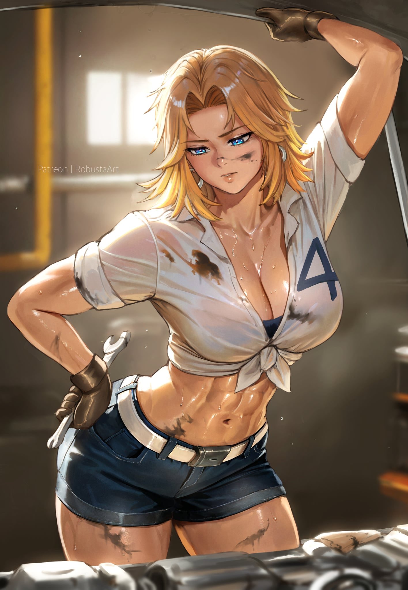 1girls abs athletic athletic_abs athletic_female blonde_hair blue_eyes car cleavage earrings fantastic_four female gloves invisible_woman invisible_woman_(marvel_rivals) marvel marvel_comics marvel_rivals mechanic milf muscular muscular_female patreon_username robustaart short_pants shorts sue_storm tomboyish wrench