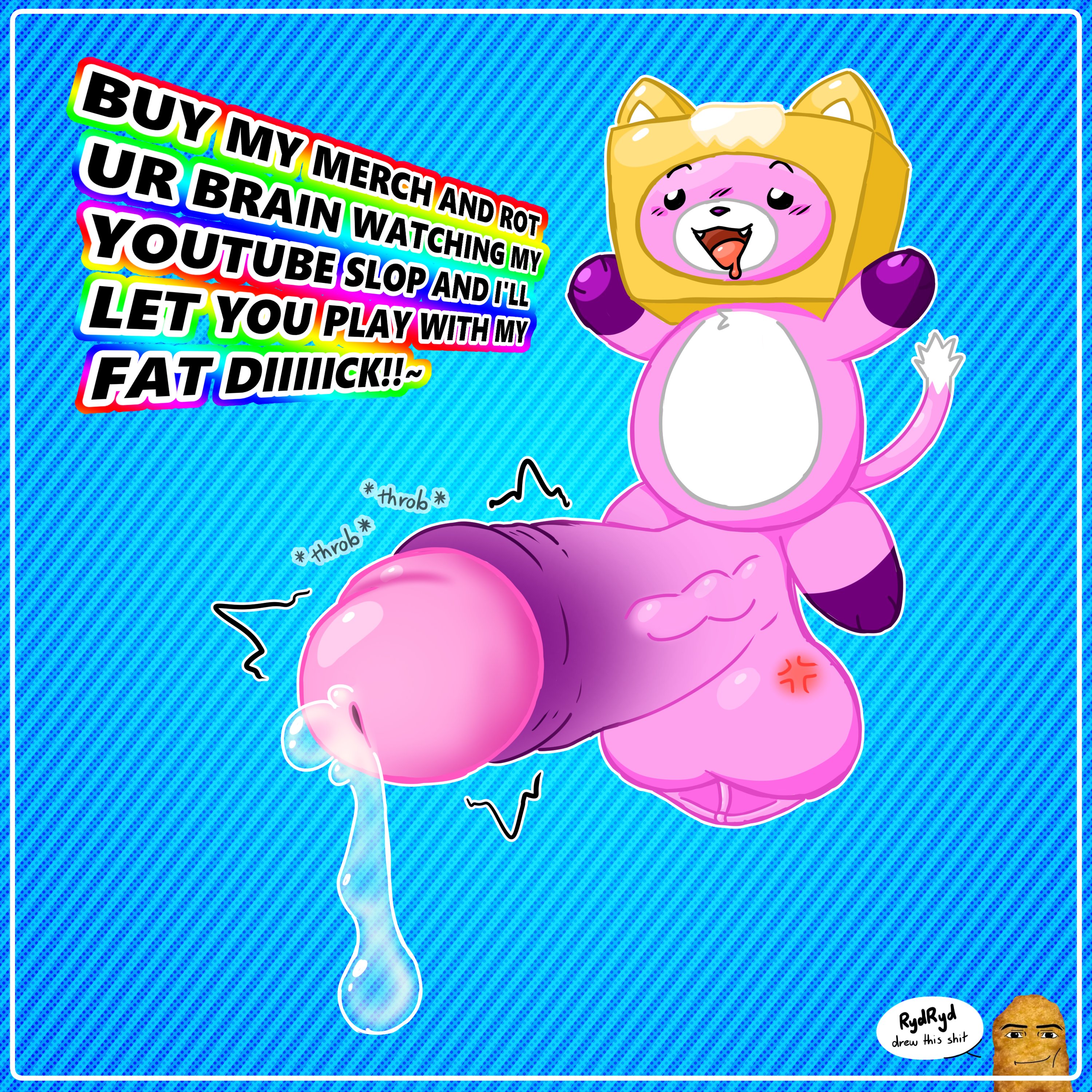 2025, absurd res, anthro, balls, big balls, big penis, black eyes, blush, bodily fluids, box, brainrot, canid, canine, canis, container, content farm channels, cringe, cross-popping vein, digital media (artwork), drooling, duo, english text, erection, excited, exclamation point, food, food creature, fox, foxy (lankybox), ftm crossgender, fur, gadagadigadagadao nugget, gegagedigedagedago, genderswap (ftm), genital fluids, genitals, hi res, huge balls, huge cock, hyper, hyper balls, hyper genitalia, hyper penis, lankybox, male, mammal, man face (roblox), max design pro, meat creature, multicolored body, multicolored fur, nugget (max design pro), onomatopoeia, penis, pink body, pink fur, pink tail, precum, purple body, purple fur, purple nose, roblox, rule 63, rydryd, saliva, sharp teeth, sound effects, tail, teeth, text, three-quarter view, throbbing, throbbing penis, tongue, two-tone tail, vein, veiny penis, what, white body, white fur, white tail, youtube