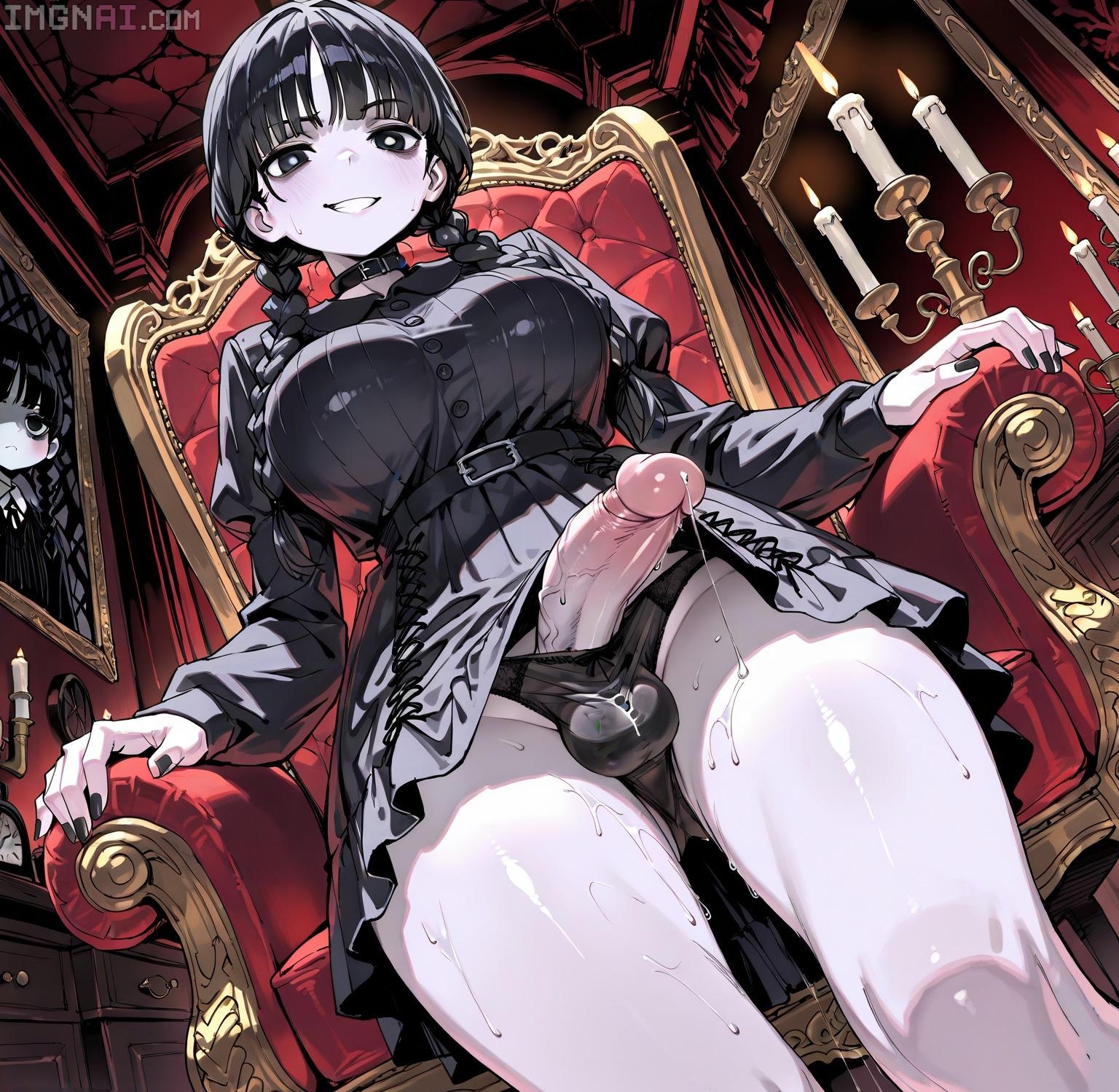 ai generated, balls, ballsack, black hair, bulge, dominant, dominant female, domination, dress, dress lift, dripping, dripping cum, erection, female, flushed, flushed face, forced, forced oral, futa only, futanari, grin, grinning at viewer, intersex, panties, panty bulge, penis, precum, t0xxxfox, the addams family, twintails, wednesday addams, wednesday addams (cosplay), wet, wet body, wet panties, wet thighs