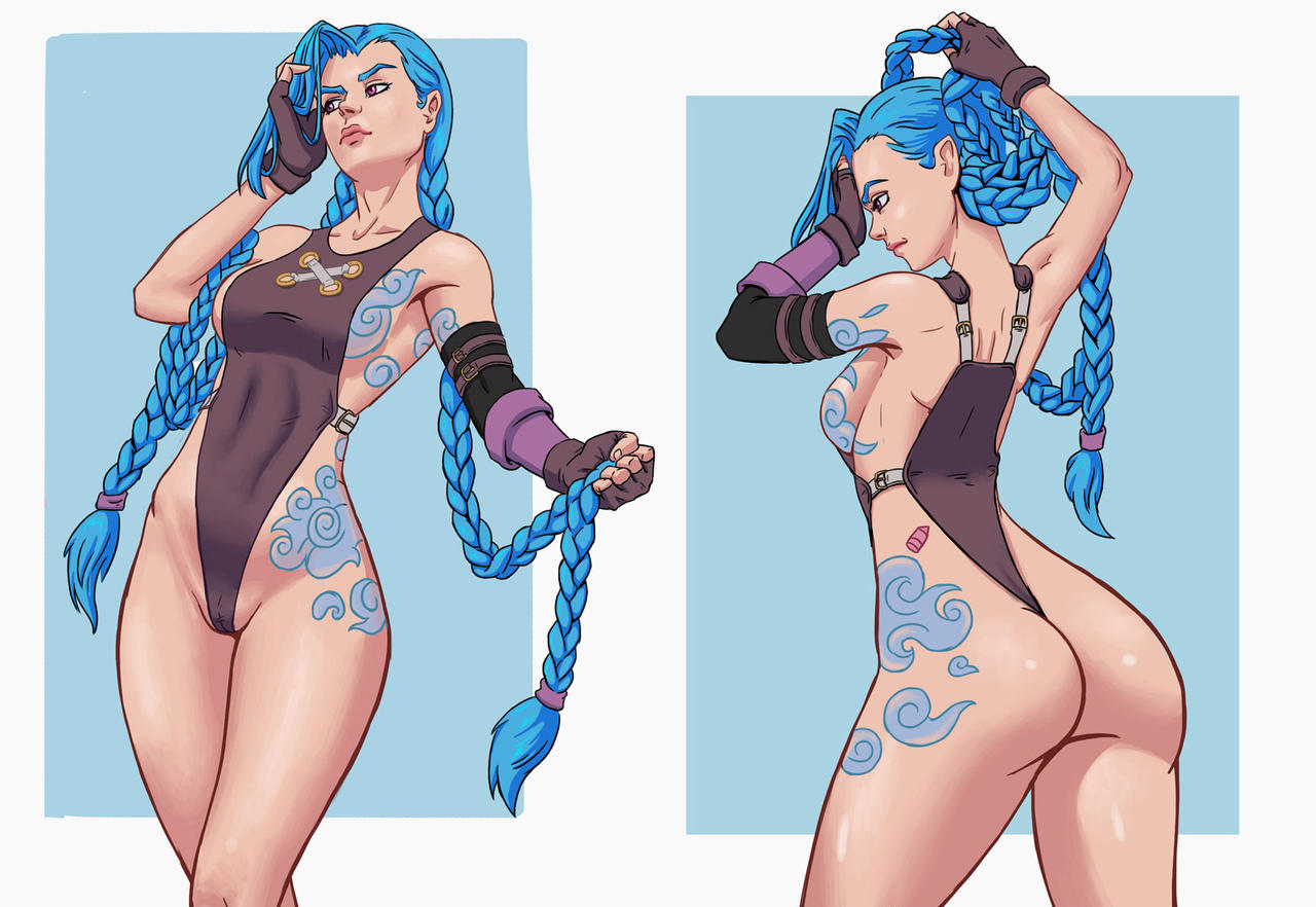 1girls, ass, big ass, blue hair, braid, braided hair, braided twintails, breasts, colored fantasy, female, female only, jinx (league of legends), league of legends, riot games, sideboob, solo, twintails