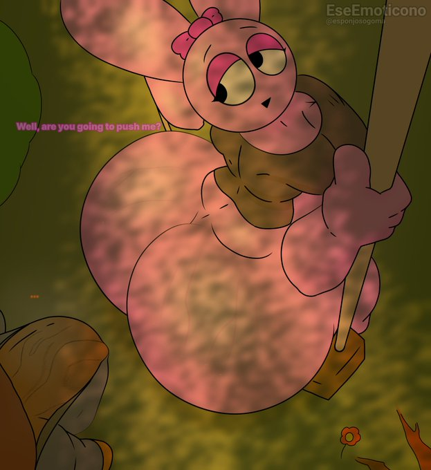 1boy, 1girls, animal humanoid, artist name, ass, big penis, bottomless, bottomless female, breasts, bunny ears, bunny girl, eseemoticono, female, floating hands, gobsmacking, happy, happy sex, heterosexual, huge ass, incredibox mod, male, orange skin, oren (sprunki), park, penis, pink skin, pinki (sprunki), shirt, sitting, sitting on swing, sprunki, straight, swing, swing set, text