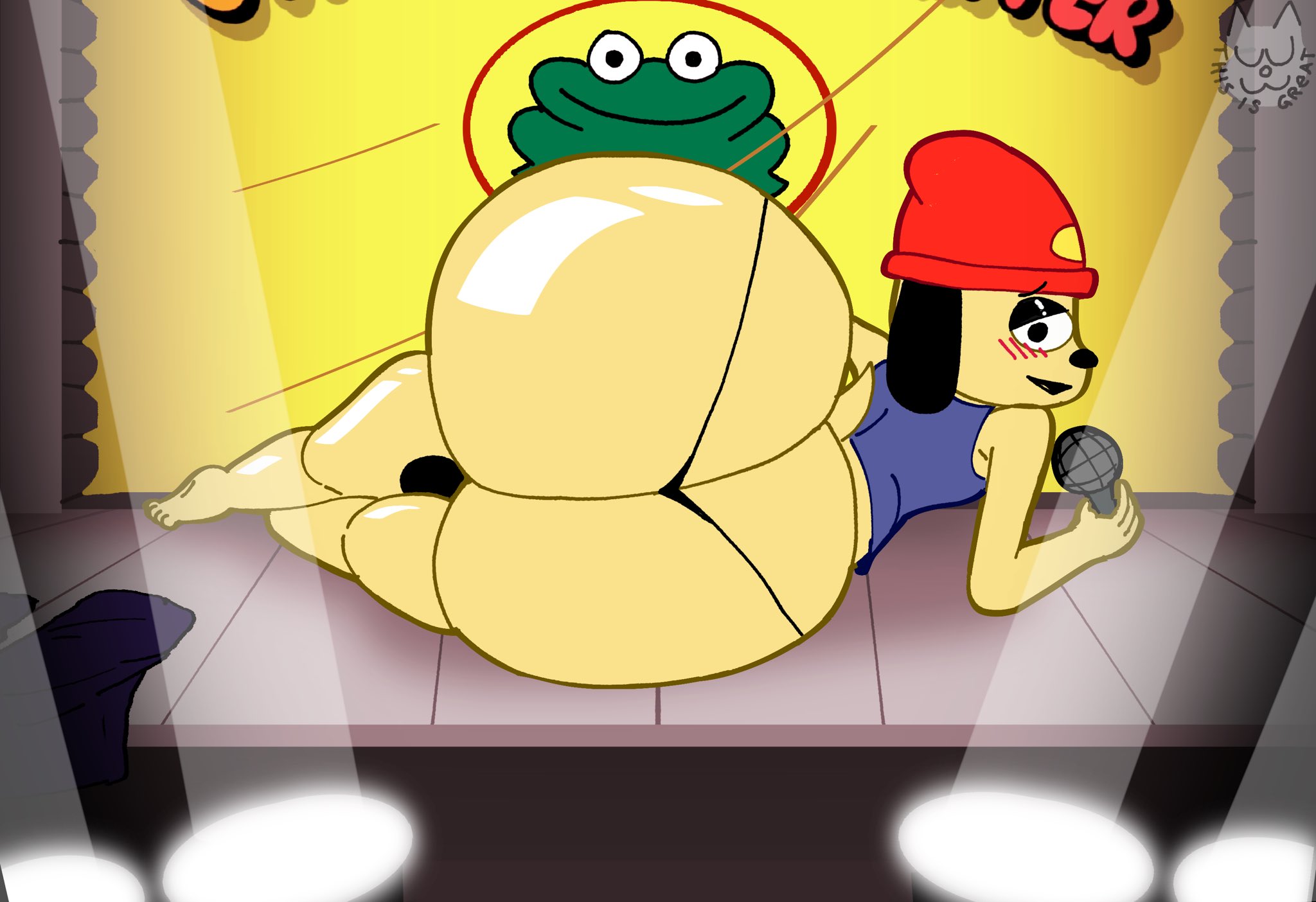 1boy, 1femboy, anthro, anthro only, ass, big ass, bottom heavy femboy, bubble ass, bubble butt, enormous ass, femboy, gay, huge ass, huge butt, huge thighs, large ass, large butt, laying down, laying on ground, laying on side, male, massive ass, massive butt, massive thighs, parappa, parappa the rapper, stage, stage curtains, stage show, tagme, thicc thighs, thick thighs, wide hip, wide hips, wide thighs, wowthisisgreat