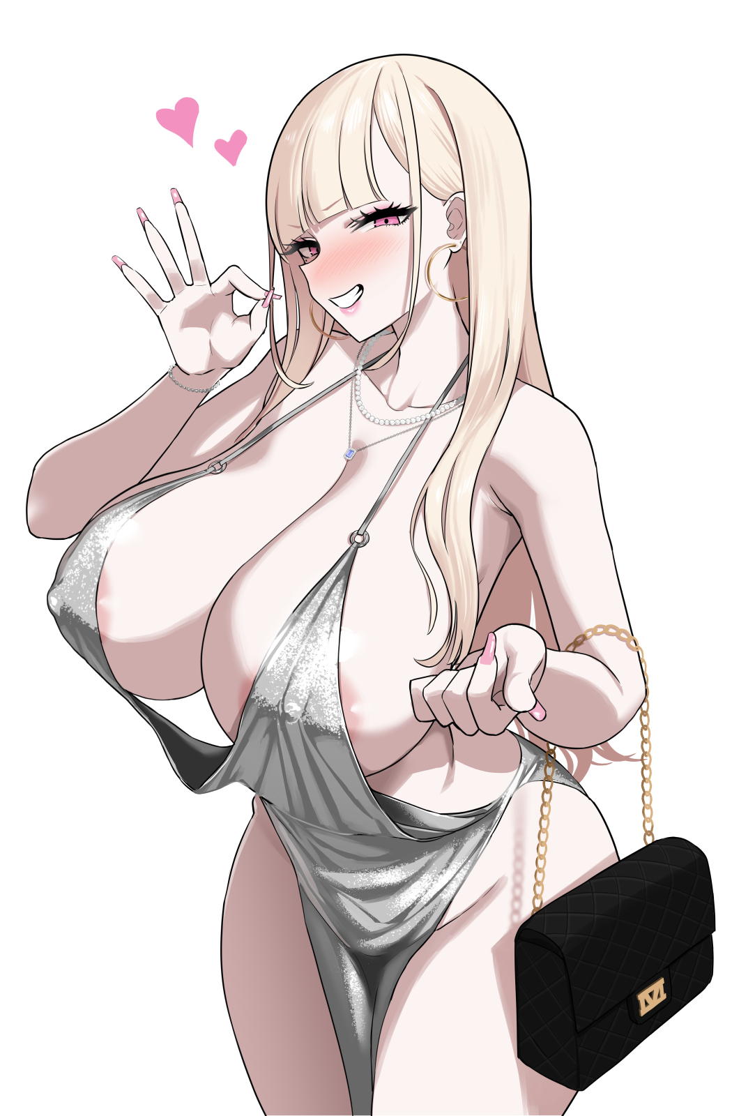 bag, bare arms, bare shoulders, blonde hair, blue gemstone, blush, bracelet, breasts, cleavage, colorized, earrings, fellatio gesture, female, fingernails, gem, half-closed eyes, heart, hoop earrings, huge breasts, jewelry, large areolae, large breasts, long fingernails, looking at viewer, mouth hold, nakamura misaki, nanae, necklace, pearl bracelet, pearl necklace, pink nails, purple eyes, simple background, smile, solo, standing, straight hair, tagme, teeth, teeth hold, thighs, visible ears, white background