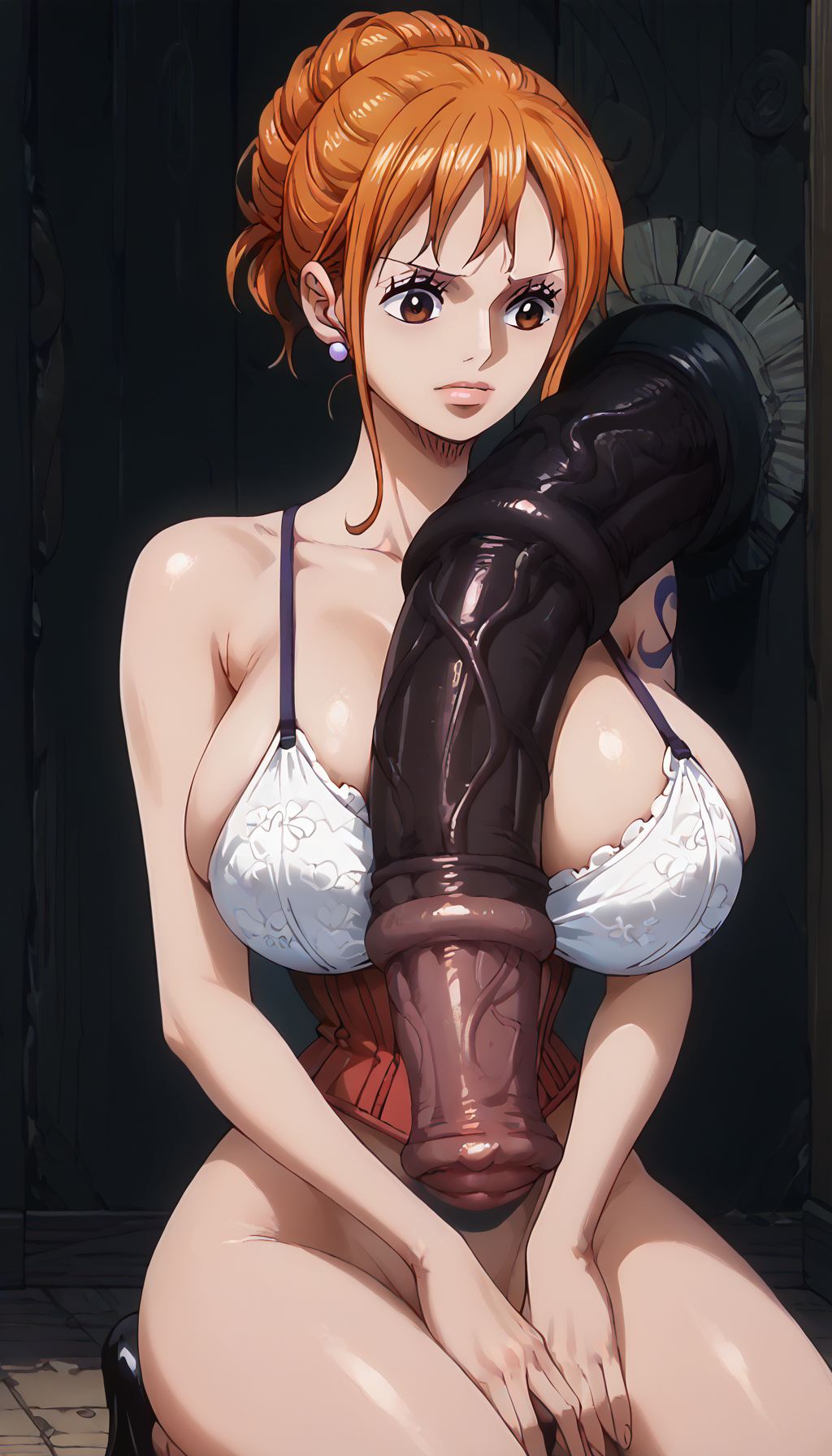 1boy, 1girls, absurdly large cock, ai generated, cleavage, female, flaccid, horse penis, horsecock, huge cock, imminent paizuri, male, male/female, nami (one piece), one piece, paizuri under clothes, paralap, penis, tagme
