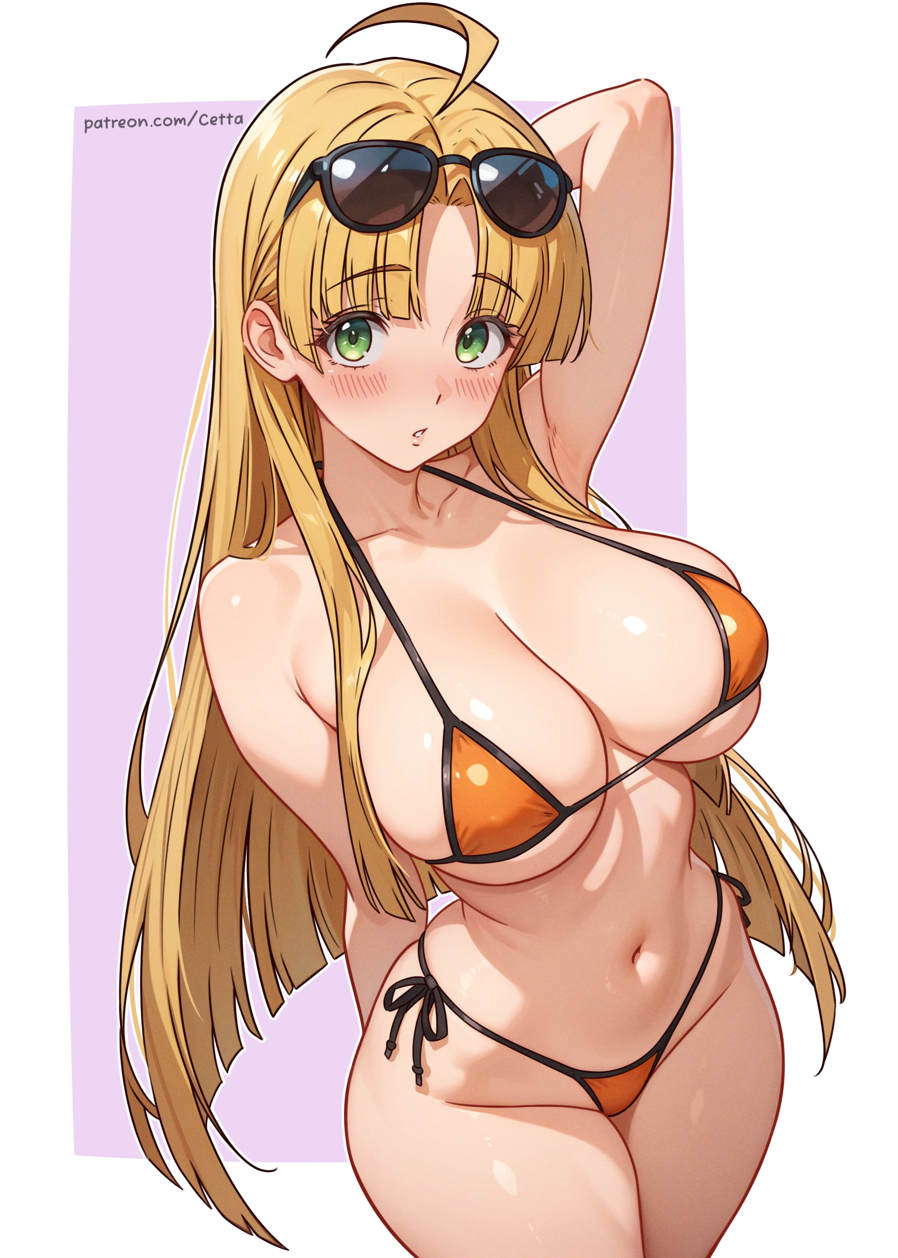 1girls, alternate version available, arm behind head, asia argento, big breasts, bikini, bikini bottom, bikini top, blonde hair, blush, bottomwear, breasts, cetta (cettadvd), cleavage, female, female only, green eyes, hair, headwear, high school dxd, hips, huge breasts, light-skinned female, long hair, orange bikini, solo, sunglasses, sunglasses on head, swimwear, thick thighs, thighs, topwear, wide hips