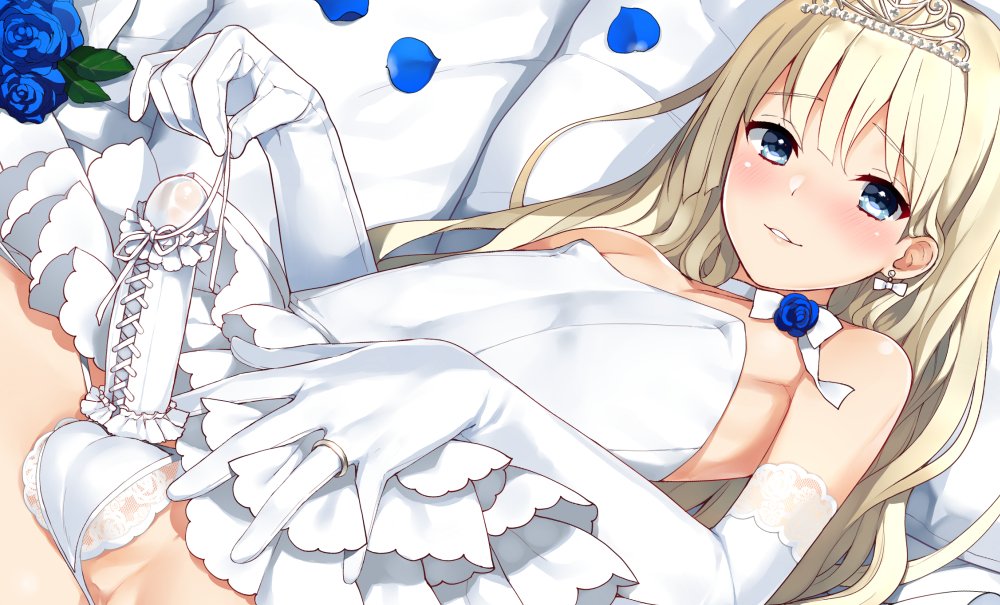 1boy 1femboy balls_in_panties bare_shoulders bed blonde_hair blue_eyes bride bulge crossdressing dress elbow_gloves erection erection_under_clothes femboy femboy_bride girly gloves jewelry long_hair lying male male_bride male_only nemunemu_(candy_paddle) on_back original panties penis penis_under_clothes ring short_dress smile solo spread_legs strapless strapless_dress tiara trap trap_bride underwear wedding_band wedding_dress white_dress white_panties