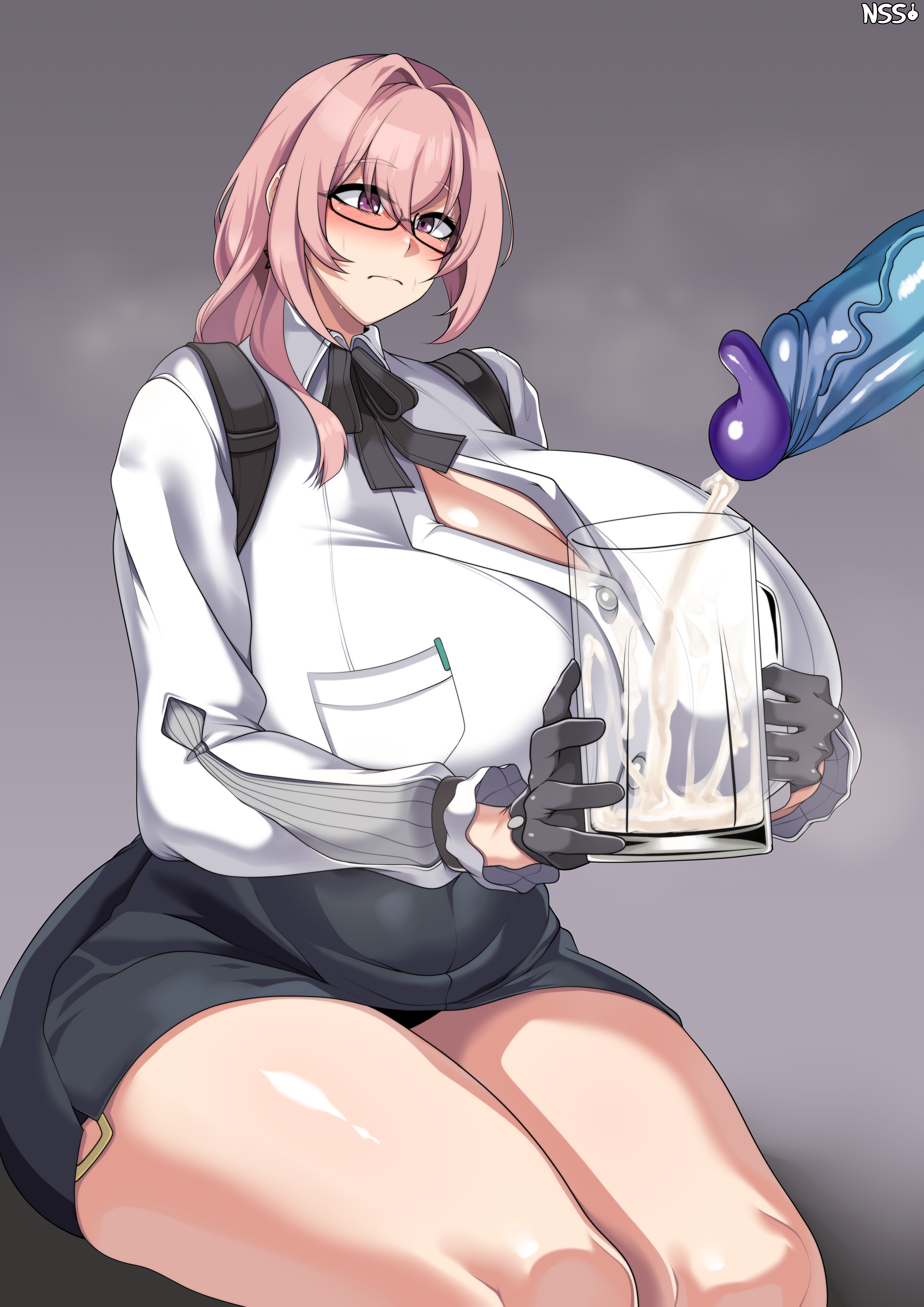 big ass, big breasts, big penis, big thighs, blush, breasts, cleavage, cum in cup, cumming, cup, ejaculation, female, futanari, glasses, gloves, holding object, hoyoverse, huge cock, hyper breasts, intersex, long hair, penis, pink hair, soukaku (zenless zone zero), tagme, tsukishiro yanagi, veiny penis, wirberlwind, zenless zone zero