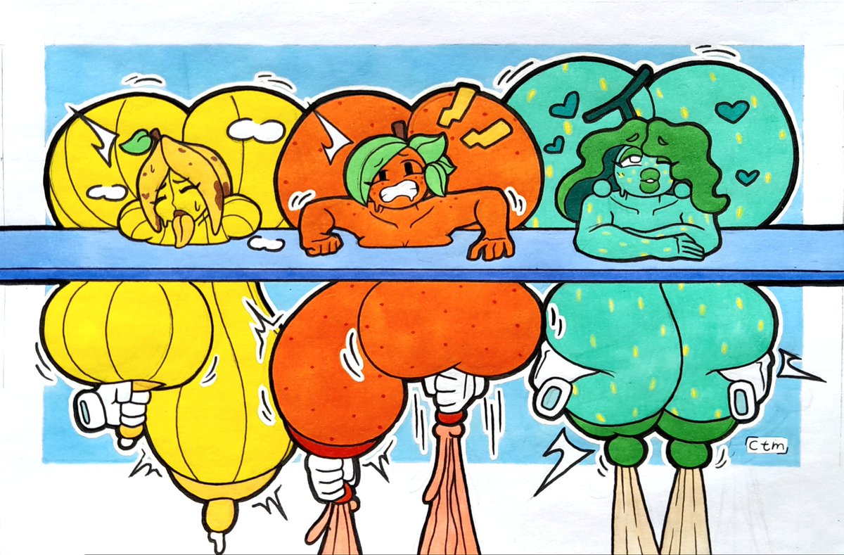 3girls, ass, banana girl, banana peel, banana peel hair, big ass, big breasts, breasts, closed eyes, disembodied hand, earrings, female, floating hands, fruit humanoid, juices, juicy, juicy butt, lactation, melon girl, milking, milking table, mr ctm, mr.ctm, oc, orange girl, plant girl, unusual lactation, yellow body, yellow tongue