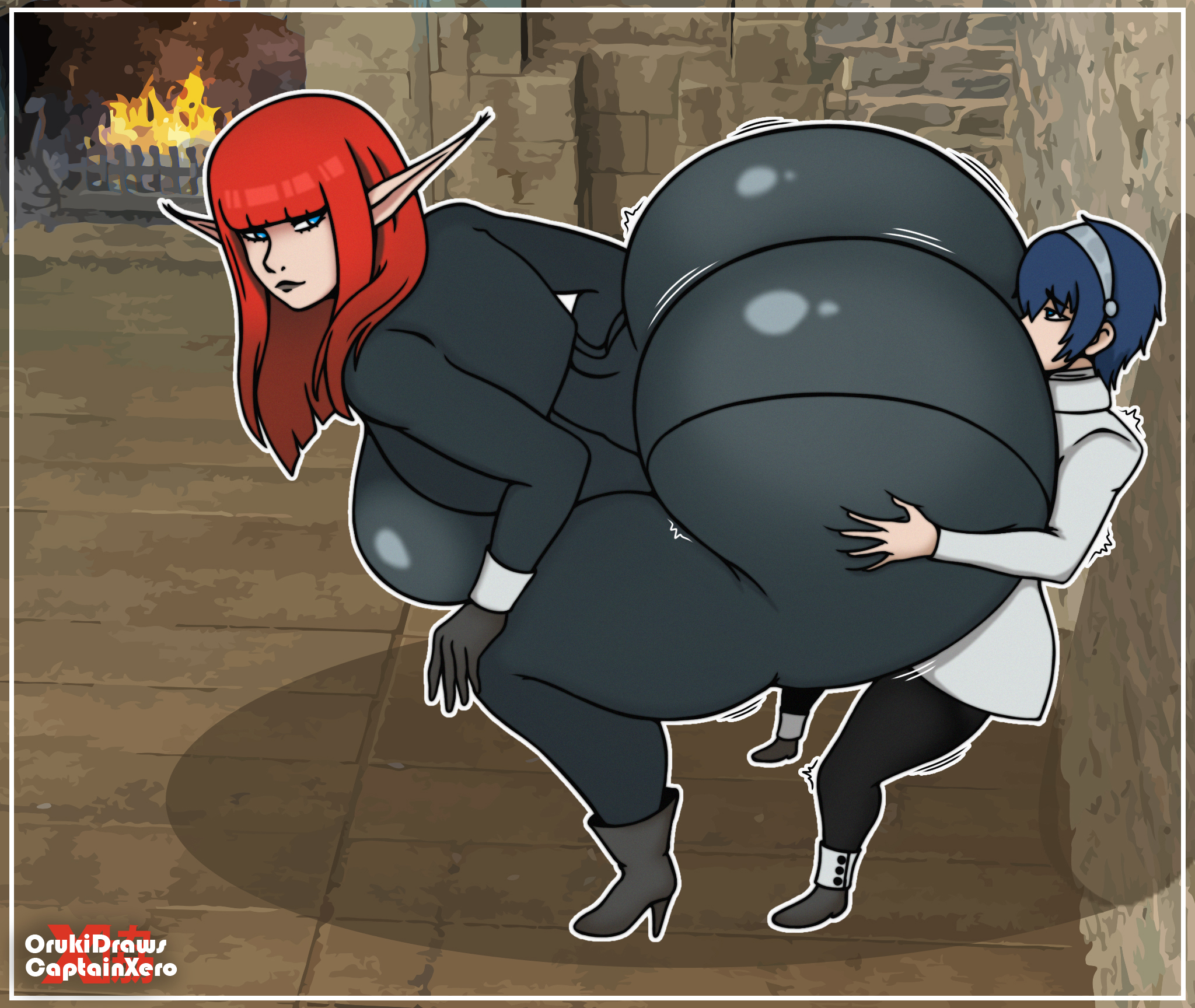 1boy, 1girls, 2025, 2d (artwork), against wall, ass, ass focus, ass grab, ass on face, ass smothering, big ass, big breasts, big dom small sub, blue eyes, blue hair, breasts, captainxero, clothed female, clothed male, eiselin hulkenberg, elf ears, facesitting, female, femboy, high resolution, huge ass, looking back, male, metaphor: refantazio, orukidraws, red hair, smaller male, smothering ass, taller female, will (metaphor: refantazio)
