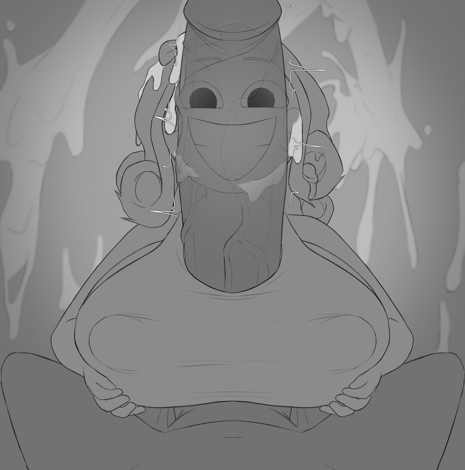 apron, apron only, breasts, confusedsabron, excessive cum, female, huge breasts, hyper penis, looking at penis, male, miss delight, monochrome, nipple bulge, nipples visible through clothing, no bra, paizuri, paizuri under clothes, penis, poppy playtime, poppy playtime (chapter 3), pov, teacher, veiny penis