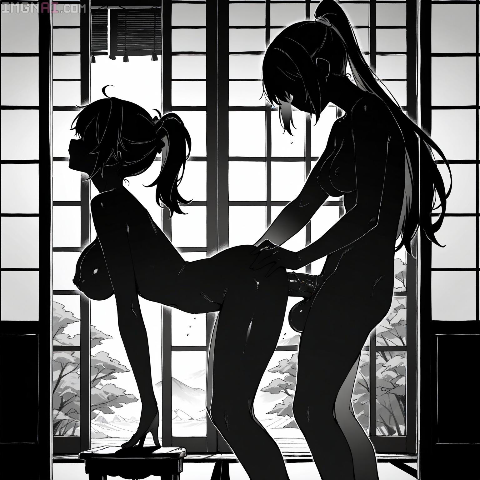 ai, ai assisted, ai generated, anime style, anthro, bent over, breasts, dog ears, doggy style, ears down, ears up, female, from side, futa on female, futanari, high ponytail, horse penis, horse tail, horsecock, implied sex, intersex, pantyhose, penis, screen, shadows, shoji, silhouette, simulated, skirt, standing, t0xxxfox, yuri