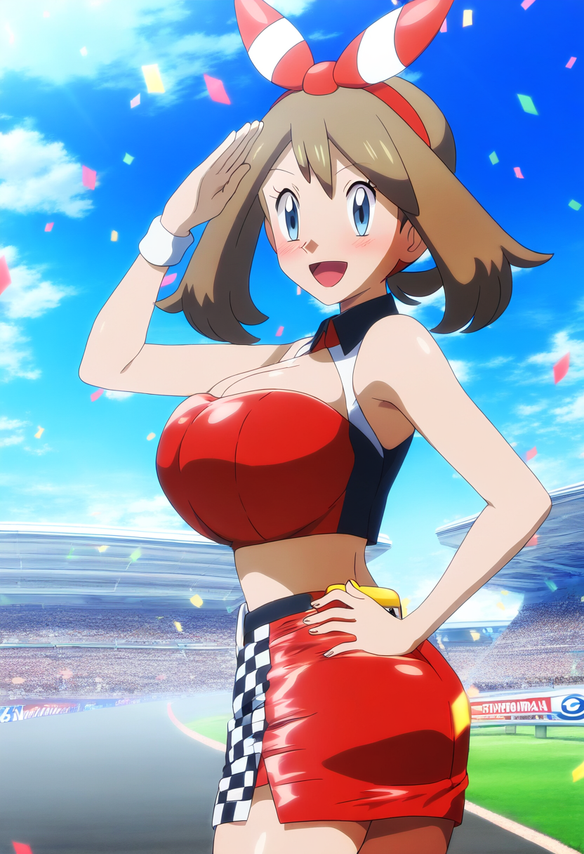ai_art ai_generated anime_style bandana big_breasts bikini_top brown_hair cleavage female flag gamefreak gloves hand_on_hip huge_breasts human large_breasts may_(pokemon) mayday_(artist) nintendo pokemon pokemon_(anime) race_queen smile