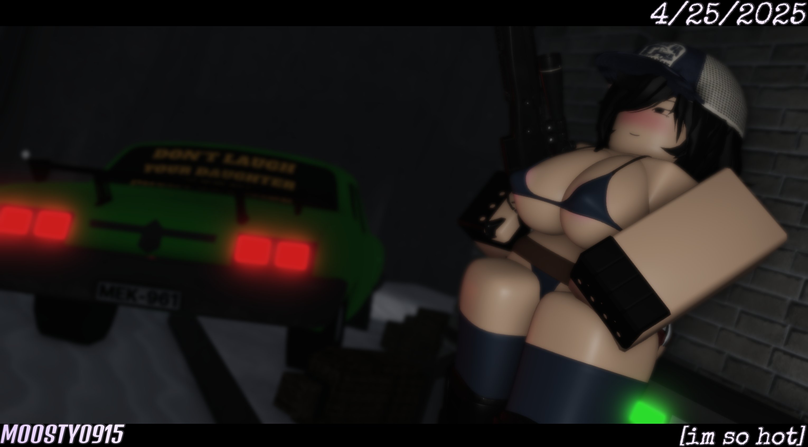 1girls, 2025, 3d, areola slip, areolae, ass, belt, big ass, big breasts, black eyes, black gloves, black hair, black shoes, blue bra, blue panties, blue thighhighs, blush, bra, breasts, brown belt, cap, car, clothed, clothed female, clothing, dated, dead ahead, discord tag, english text, female, female only, fingerless gloves, firearm, gloves, gun, hair covering eye, hat, letterbox, letterboxed, light skin, light-skinned female, moosty, no pants, no shirt, official alternate costume, one eye covered, one eye obstructed, outdoors, pale skin, pale-skinned female, panties, polina (dead ahead), roblox, robloxian, shoes, short hair, sitting, smile, sniper, sniper rifle, snow, solo, stomach, text, thick thighs, thighhighs, thighs, trucker hat, vehicle, weapon