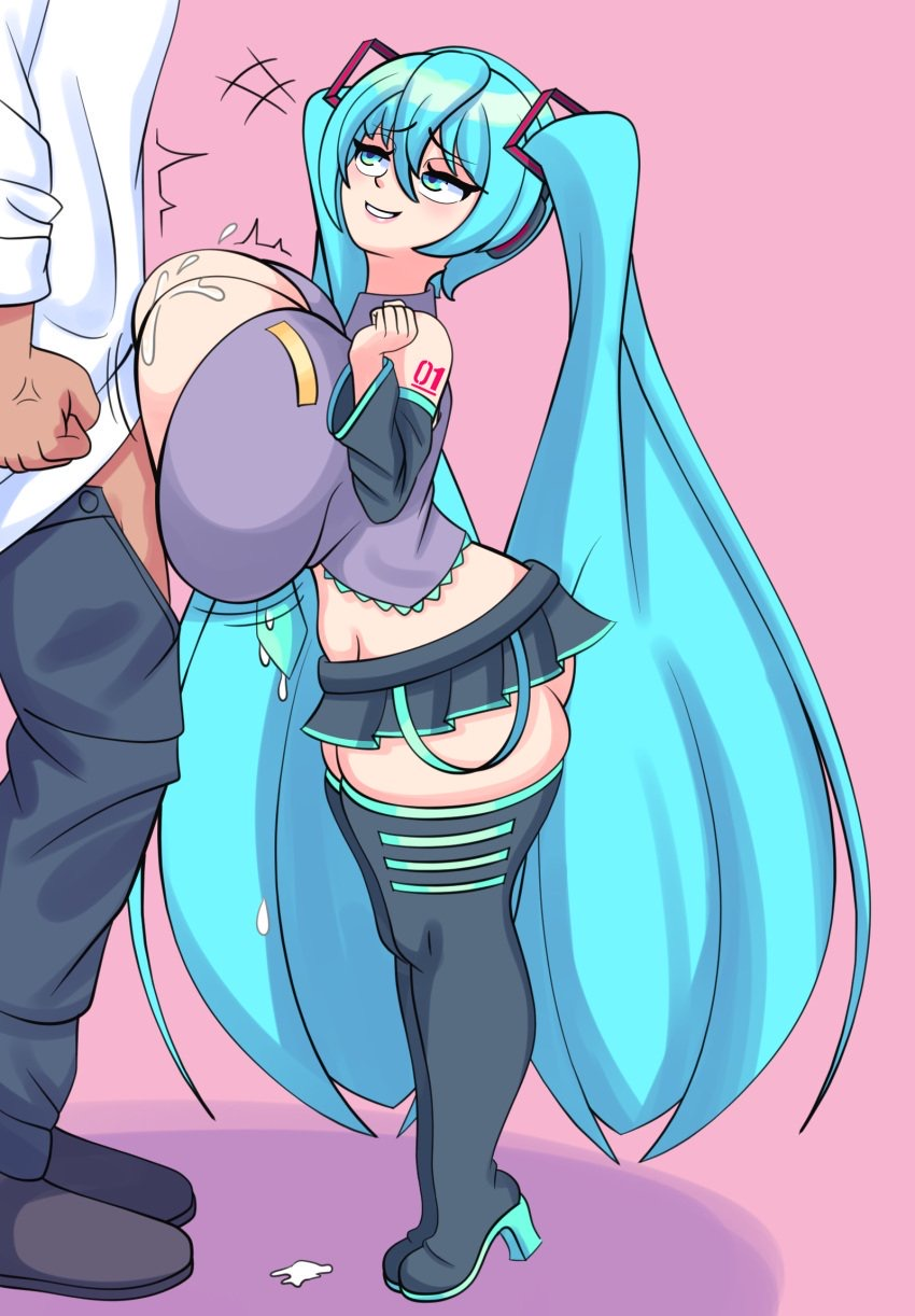 anon anonymous_male blue_eyes blue_hair breasts_bigger_than_head cum cum_drip cum_on_breasts cum_on_floor hatsune_miku high_heel_boots large_ass large_breasts lipgloss long_hair microskirt midriff pigtails red_tattoo short_female shortstack smirk smirking smirking_at_partner thick_ass thick_thighs tiny_skirt titfuck titjob tits tits_out twintails