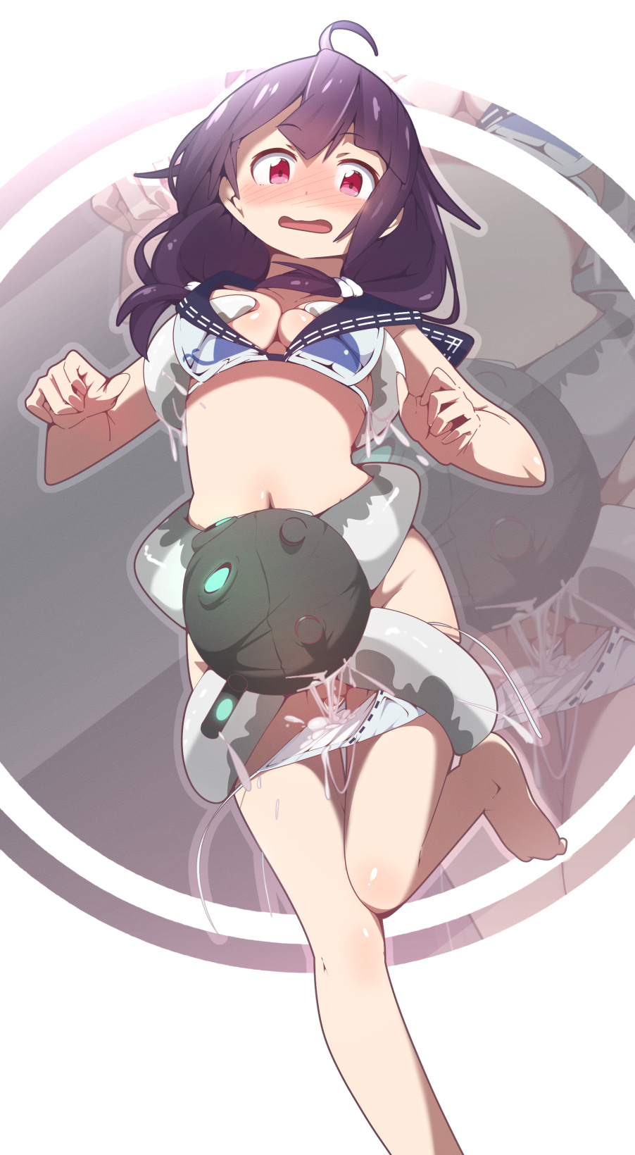 ahoge awachi bikini bikini_pull bikini_top blush breast_grab breasts enemy_naval_mine_(kantai_collection) female grabbing hair_flaps highres kantai_collection leg_lift long_hair looking_down low_twintails medium_breasts navel open_mouth partially_visible_vulva purple_hair red_eyes sailor_bikini sailor_collar sexually_suggestive shinkaisei-kan standing standing_on_one_leg suggestive_fluid swimsuit taigei_(kantai_collection) tentacle tied_hair twintails untied untied_bikini white_bikini zoom_layer