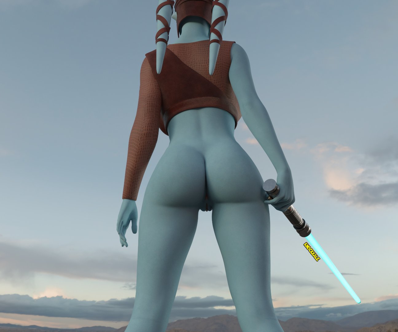1girls, 3d, aayla secura, alien, alien girl, ass, back view, big ass, blue lightsaber, blue skin, female, female only, knockkale, lightsaber, pussy, solo, star wars