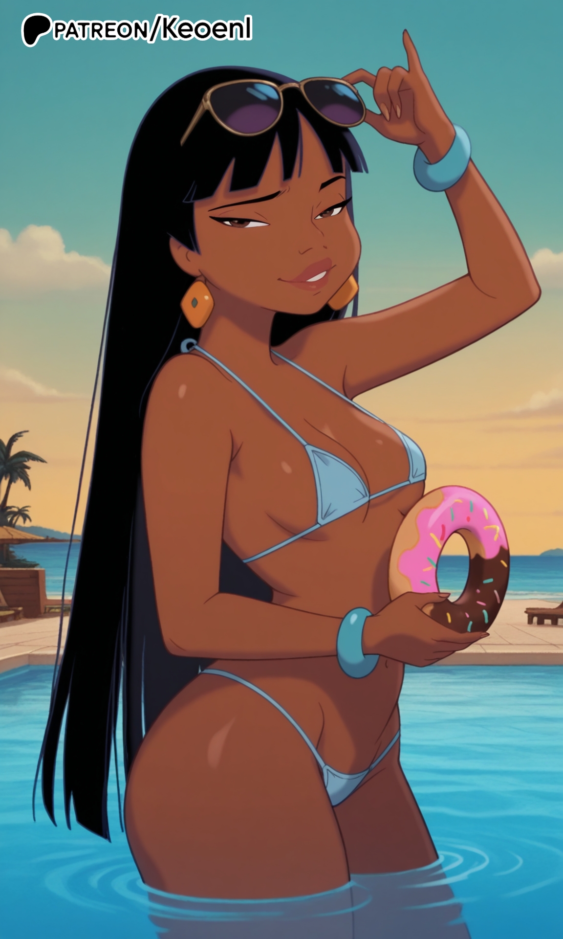 1girls, ai generated, bikini, black hair, blue bikini, bracelet, breasts, brown eyes, chel, chel (the road to el dorado), clothed female, colored, dark skin, dark-skinned female, dreamworks, earrings, female, female only, femdom, float, floating, hi res, hips, holding object, keoenl, latina, legs, lips, long hair, medium breasts, micro bikini, midriff, navel, patreon, patreon username, plump lips, pool, pool toy, smile, sunglasses, sunglasses on head, sunlight, the road to el dorado, thick thighs, very long hair, water, wide hips
