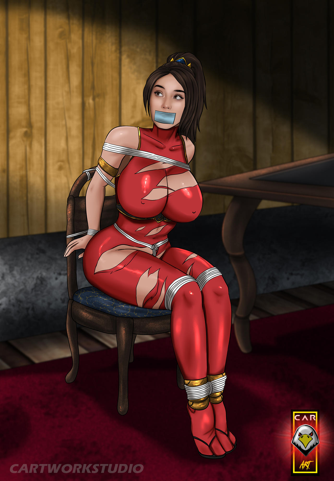 1girls bodysuit bondage bound breasts brown_eyes brown_hair cartworkstudio chair cleavage crotch_rope female gag kunoichi large_breasts namco ninja ponytail ripped_bodysuit rope_bondage soul_calibur taki tape_gag tied_to_chair tied_up
