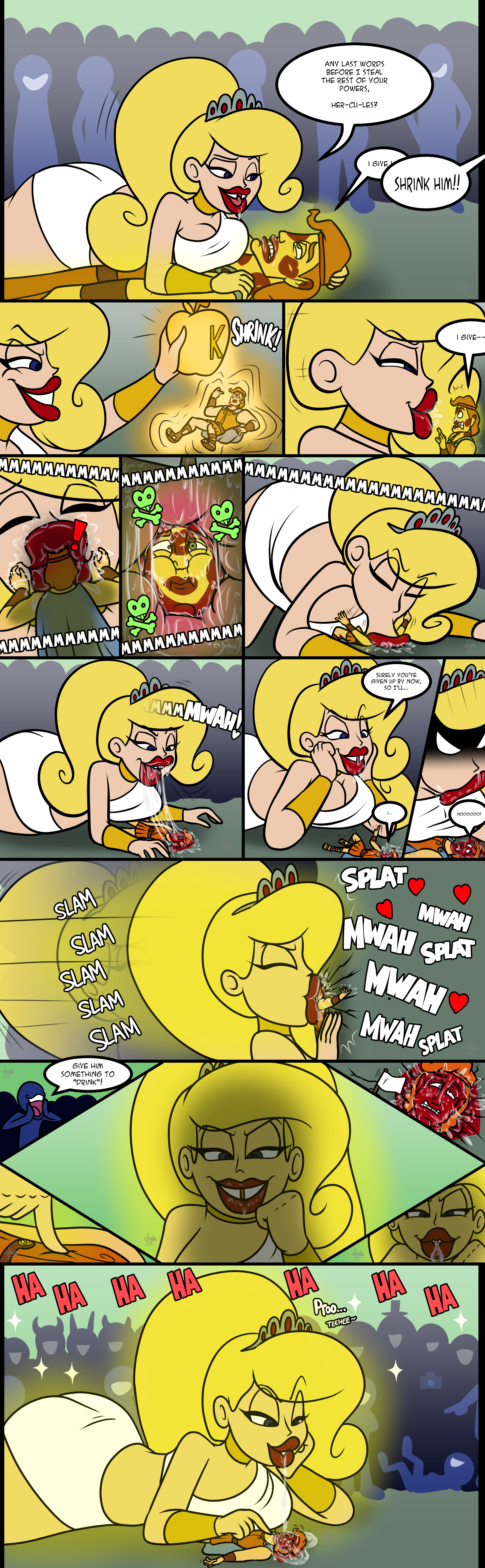 1boy, 1girls, 2d, 2d (artwork), ass, big ass, blonde hair, brown hair, bullying, cartoon network, comic, comic panel, crossover, crowd, crowd watching, dialogue, disney, drool, drooling, eris (billy and mandy), female, gap teeth, god, goddess, golden apple, greek god, greek goddess, greek mythology, hercules (1997 film), hercules (character), hercules (disney), humiliated, humiliating, humiliation, jamearts, kiss mark, kissing, large ass, laugh, laughing, lips bigger than head, long hair, male, male victim, malesub, mwah, red lips, red lipstick, saliva, saliva trail, short hair, size difference, slamming, smooch, spitting, spitting in mouth, surrender, surrendering, the grim adventures of billy and mandy, torture, victim, victim male, white flag