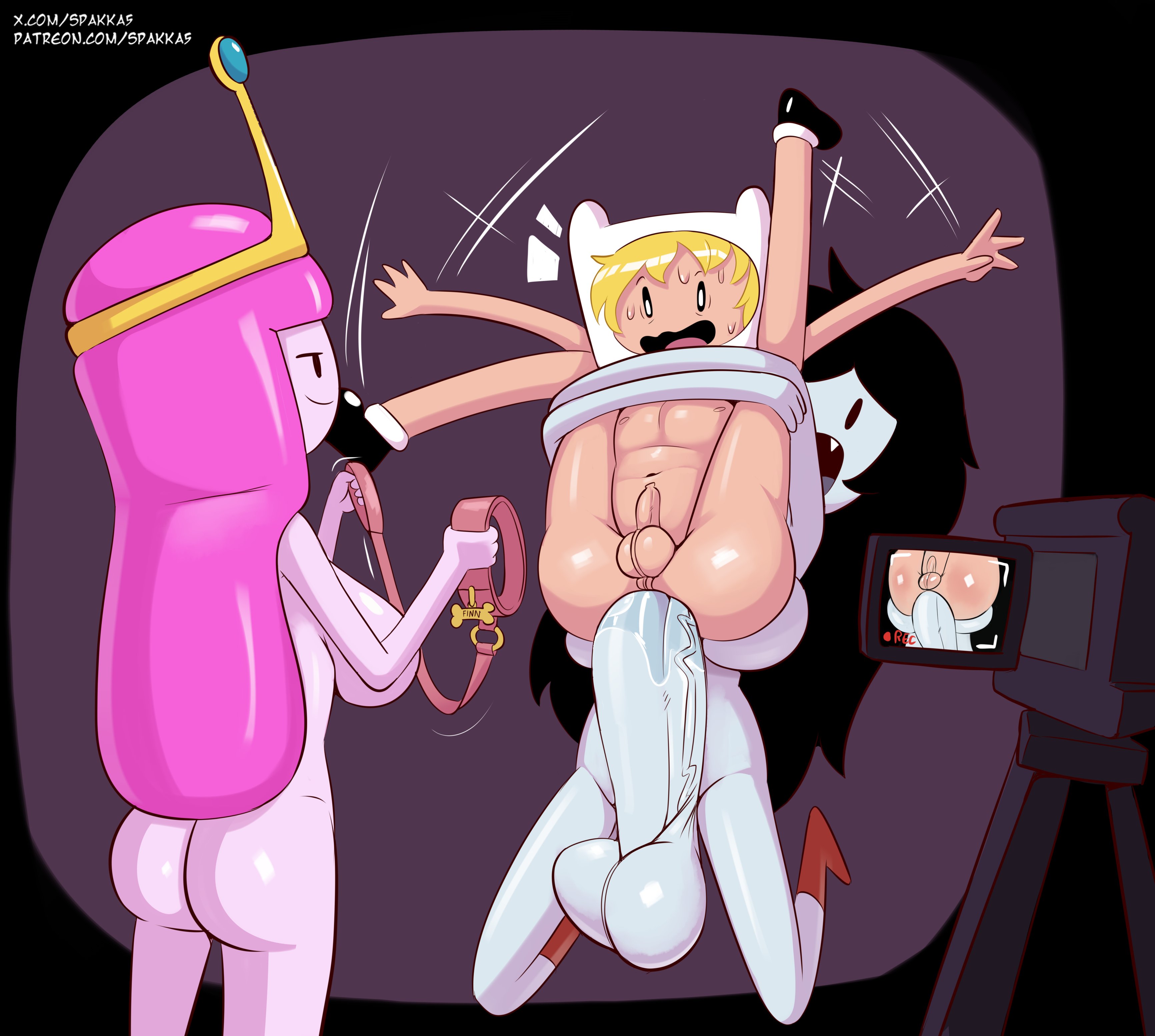 1boy, 1futa, 1girls, adventure time, anal, balls, big balls, blonde hair, camera, dubious consent, female, femdom, finn the human, forced, full nelson, futa is bigger, futa on male, futadom, futanari, grey skin, huge cock, humiliation, imminent threesome, intersex, leash and collar, male, marceline, penis, pink skin, pink-skinned female, princess bubblegum, sex, spakka5, video camera