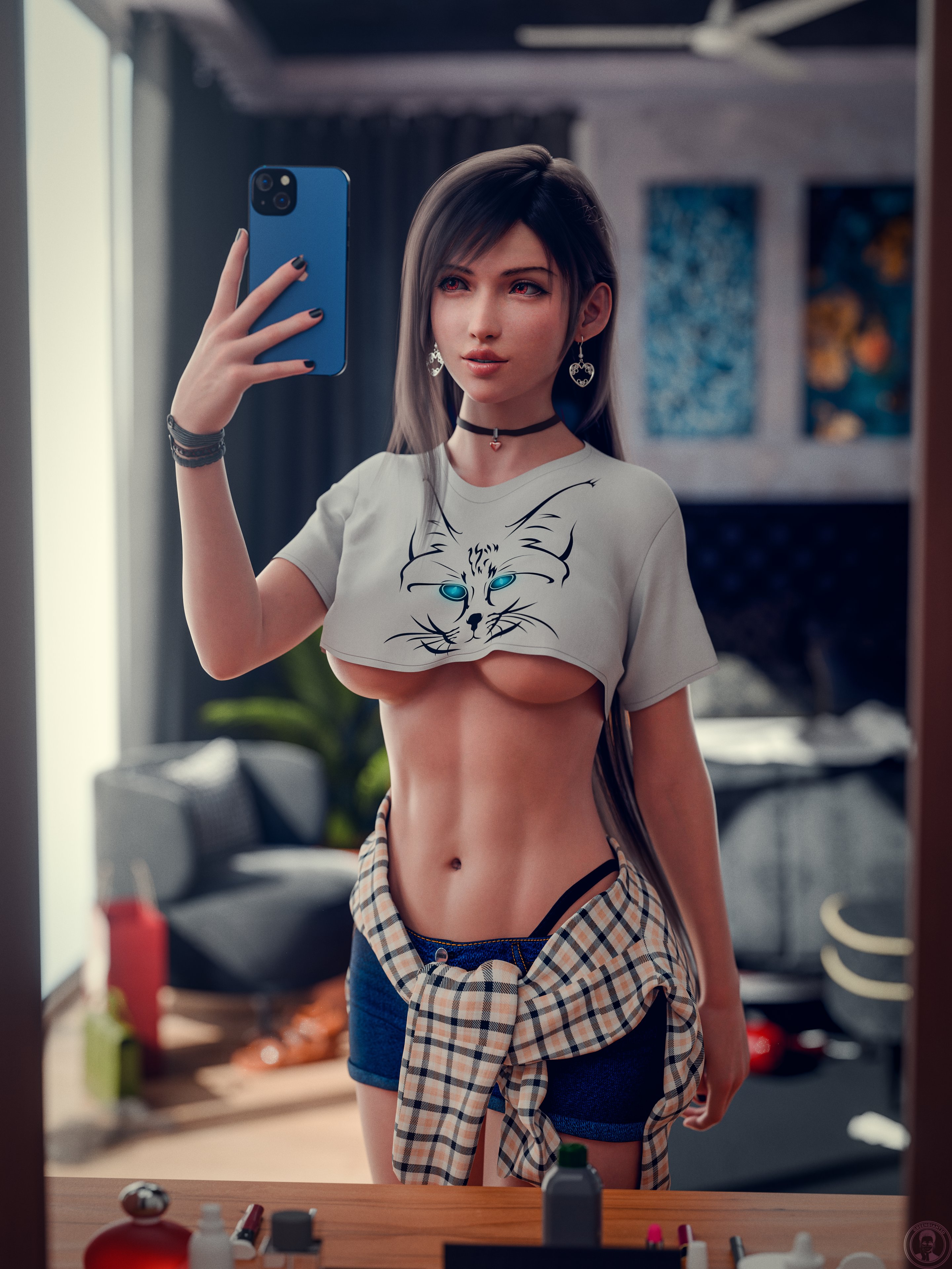 1girls, 2025, 3d, abs, bedroom, big breasts, black hair, black nail polish, braless, breasts, choker, crop top, denim shorts, detailed background, earrings, female, female abs, female only, female torso, final fantasy, final fantasy vii, front view, greengiant3d, indoors, lipstick, long hair, looking at phone, mirror, mirror selfie, nail polish, no bra, overhang, painted nails, plump lips, red-eyes, selfie, shirt overhang, shirt tied around waist, shorts, solo, standing, thong, thong straps, tifa lockhart, underboob, very long hair