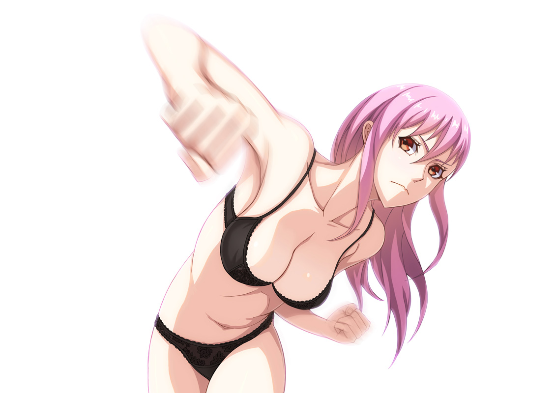 1girls, armpits, bare shoulders, black bra, black panties, bra, breasts, female, female only, frown, hips, honoka en, honoka sisters, lace panties, large breasts, leaf98k, long hair, looking at viewer, motion blur, orange eyes, panties, picot trim, picot trim bra, picot trim panties, pink hair, punch, punching, red eyes, shiny, shiny skin, sidonia no kishi, simple background, solo, standing, stomach, underwear, white background