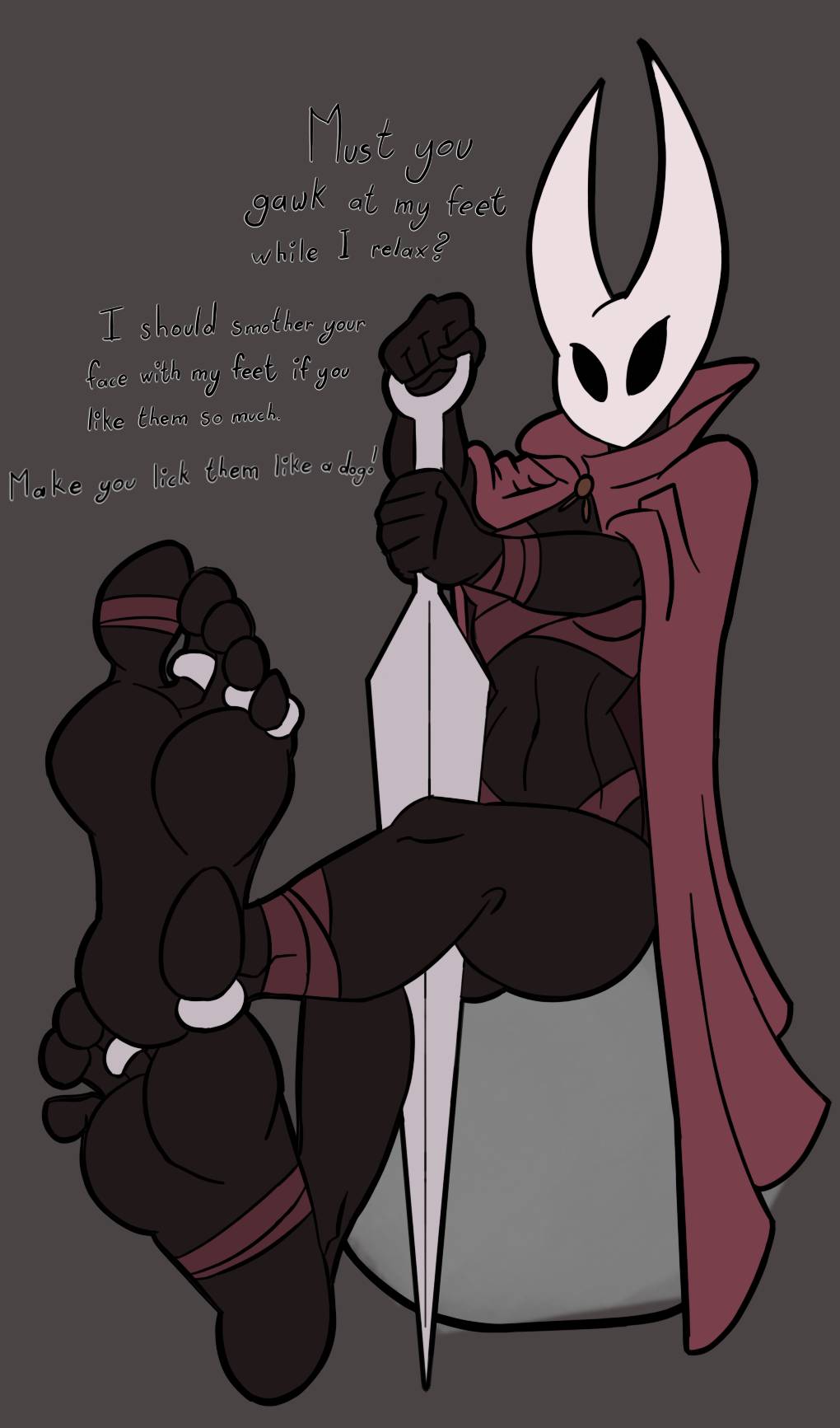 almost naked, barefoot, feet, feet fetish, female, foot fetish, hollow knight, hornet (hollow knight), pov, presenting feet, presenting foot, sketchesprivatebook