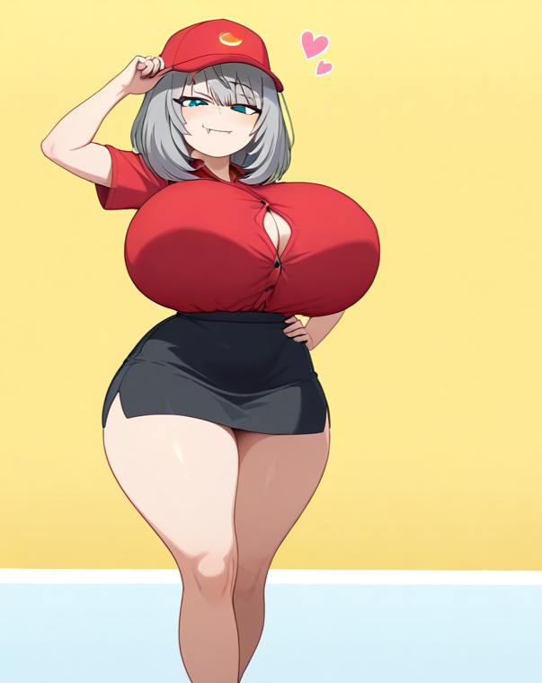 ai_generated blue_eyes huge_breasts pizza pizza_delivery silver_hair smug tejina_senpai tejina_senpai_(character) thick_thighs