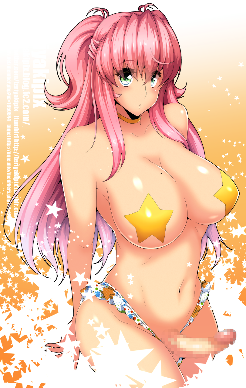 anzu_kuniyoshi balls breasts censored choker futa_only futanari green_eyes hiromin intersex large_breasts long_hair looking_at_viewer mole mole_on_breast original pasties pink_hair