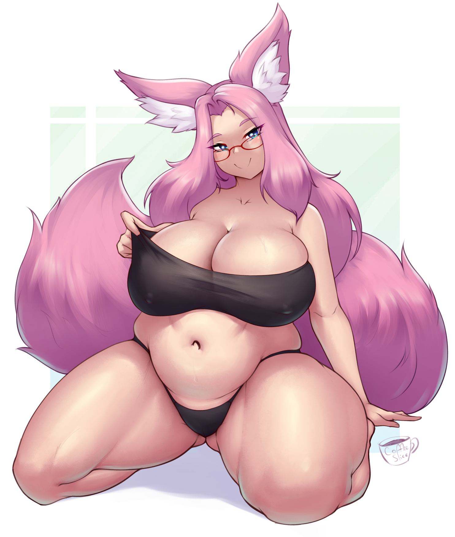 1girls, animal ears, blue eyes, bra, breasts, coffeeslice, curvy, female, fluffy, fluffy tail, glasses, huge breasts, huge tail, illeana (miniordebry), kitsune, original, panties, pink hair, plump, smiling at viewer, solo