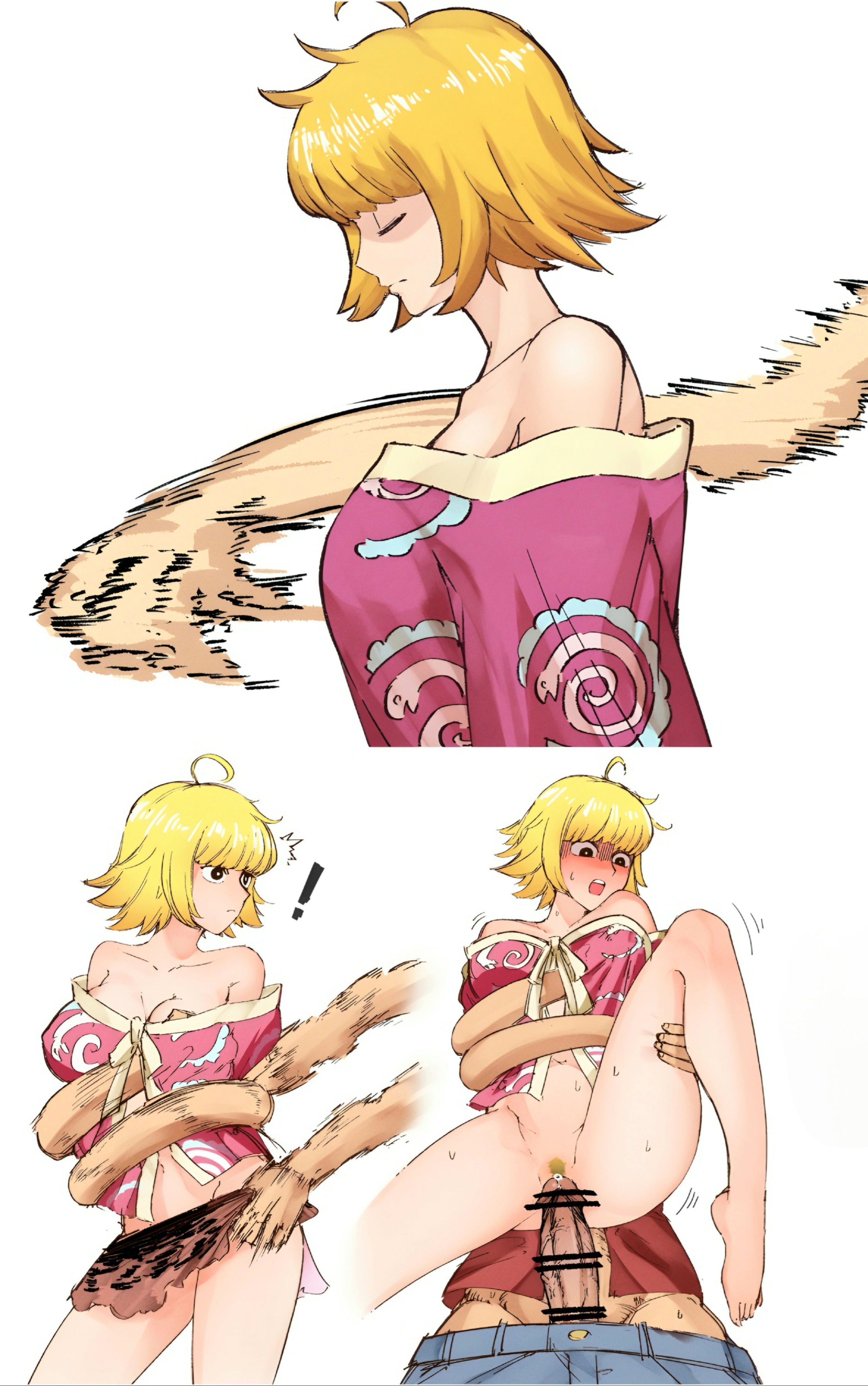 !, before sex, big breasts, big penis, blonde hair, blush, breasts, color, doujinshi, female, from behind, grabbing, grabbing breasts, grabbing from behind, large penis, male, marguerite, monkey d luffy, one piece, penis, sex, short hair, thick thighs, veiny penis, wide hips