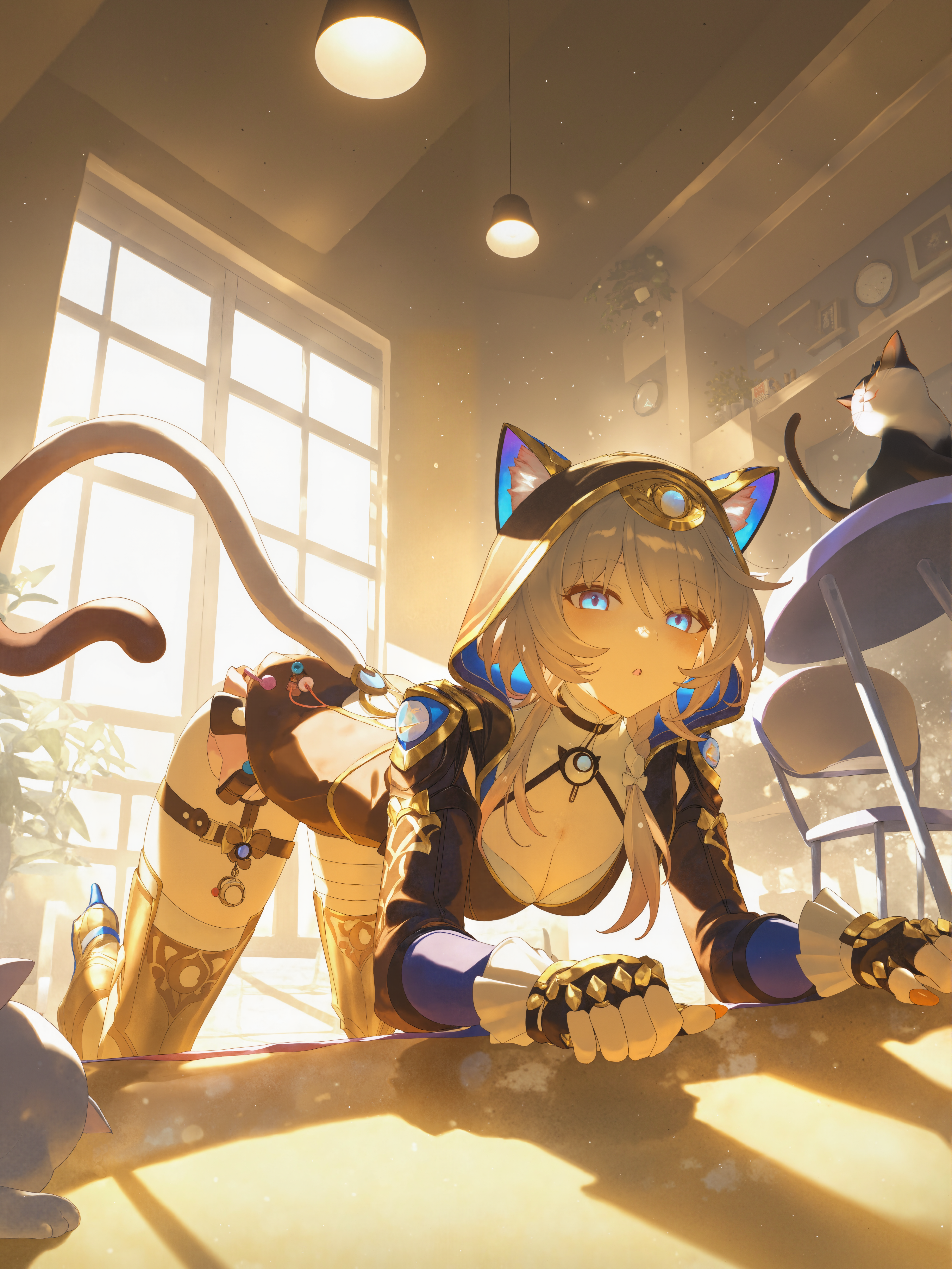 :o, absurd res, ai generated, all fours, animal, animal ears, animal hood, backlighting, black cat, black choker, black gloves, black jacket, black shorts, blue eyes, blue jacket, blue pupils, blush, boots, breasts, cafe, cat ears, cat girl, cat hood, cat tail, ceiling light, chair, choker, cipher (honkai: star rail), cleavage, cleavage cutout, clothing cutout, cropped jacket, day, fake animal ears, fake tail, feline, female, fingerless gloves, full body, gloves, grey hair, hair between eyes, high heel boots, high heels, honkai (series), honkai: star rail, hood, hood up, hooded jacket, hoodie, indoors, jacket, jewelry, lamp, large breasts, light, light particles, long hair, long sleeves, looking at viewer, medium breasts, medium hair, ministro, nail polish, on floor, open mouth, orange nails, parted lips, picture frame, plant, shadow, short hair with long locks, short shorts, shorts, sidelocks, solo, stool, sunlight, table, tail, thigh boots, thigh strap, thighhighs, thighs, white hair, white thighhighs, window, window shade