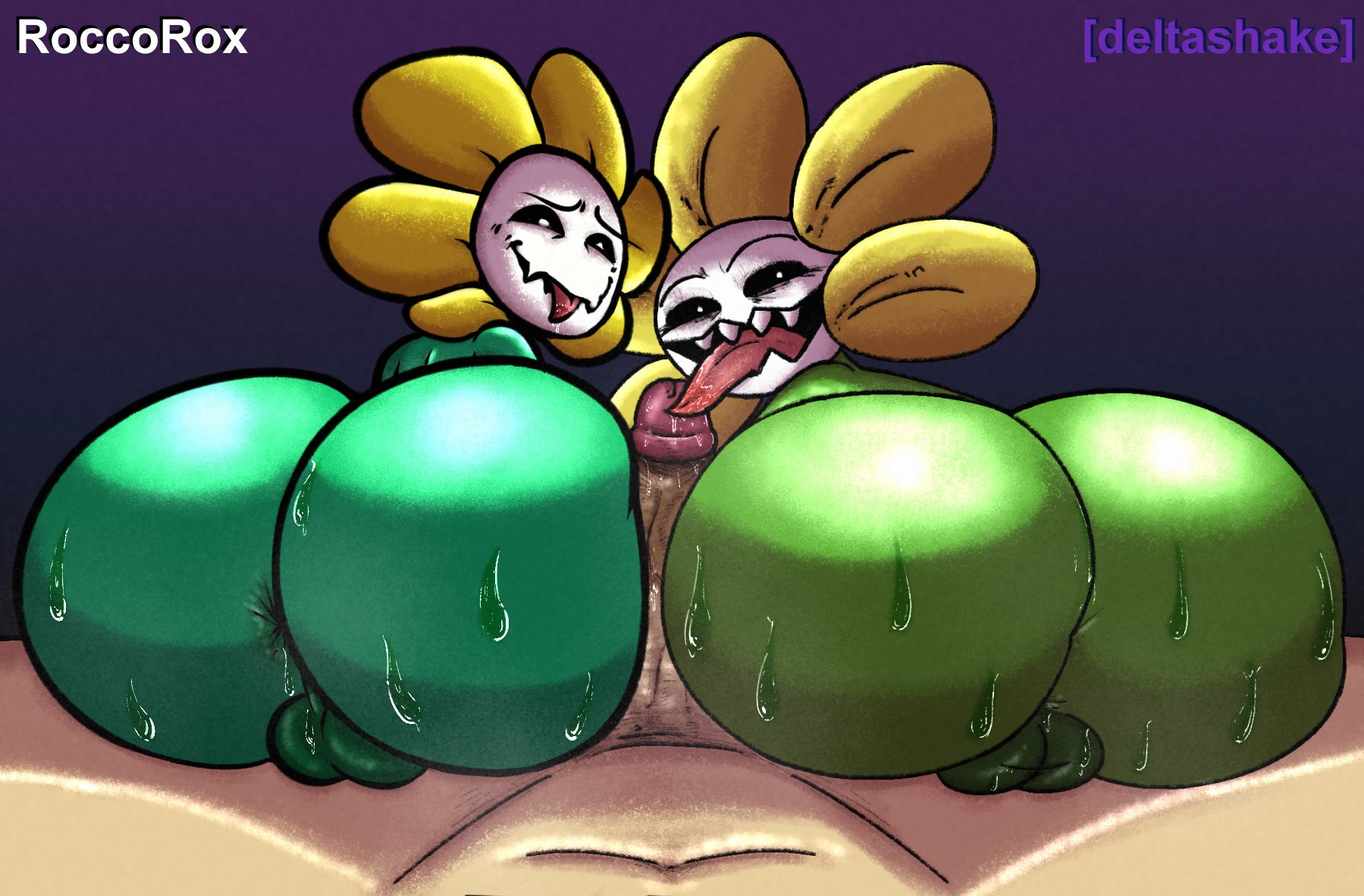 3boys, anthro, ass, assjob, balls, ballsack, big ass, buttjob, deltashake, femboy, flower, flowey the femboy, flowey the flower, flowey with a body, flowey with nothing else but a massive ass, licking penis, male, male only, male/male, massive ass, penis, roccorox, sweating, tagme, undertale