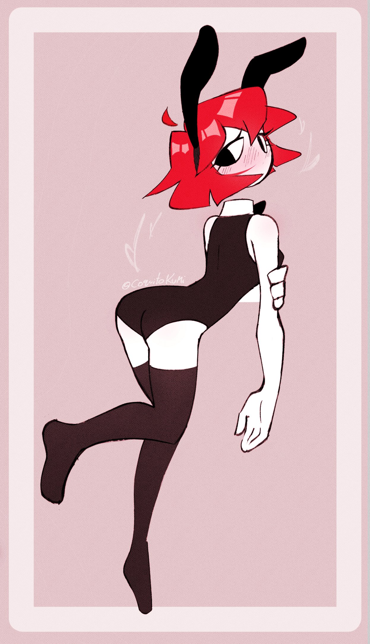 1girls, ass, back view, black eyes, blush, bowtie, breasts, bunny ears, bunnysuit, coquitokum, fake animal ears, female, friday night funkin, friday night funkin mod, heart, hotline 024, looking back, nikku morioka, red hair, short hair, simple background, small breasts, solo female, tagme, thighhighs, twitter username, white skin