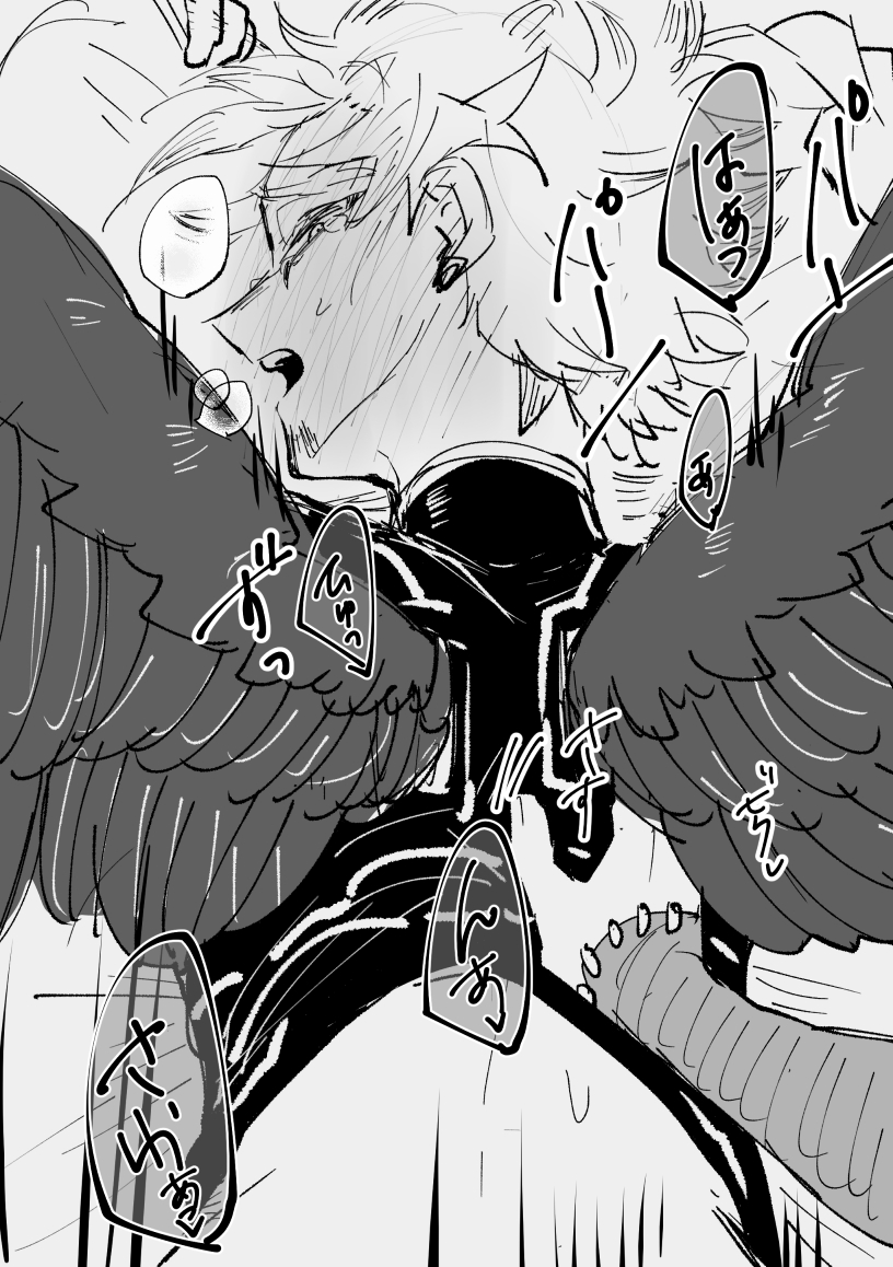 black and white, boku no hero academia, dabi, from behind, gay, hawks (my hero academia), keigo takami, male, my hero academia, no visible genitalia, sketch, touya todoroki, wings, yaoi