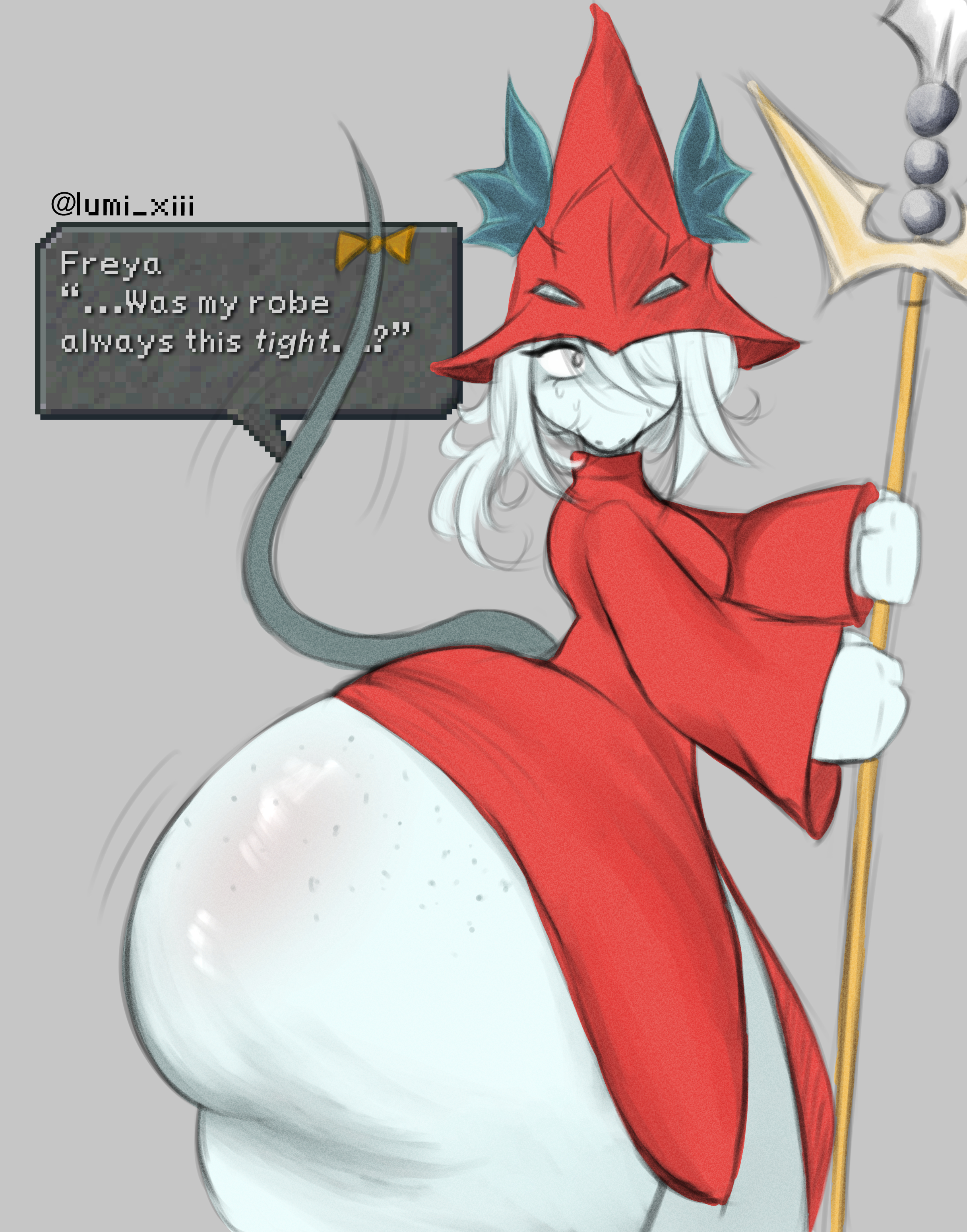anthro, ass, big ass, bubble ass, bubble butt, burmecian, female, final fantasy, final fantasy ix, freya crescent, furry, hat, huge ass, huge butt, lumi xiii, pale skin, partially clothed, rat, ribbon on tail, robe, rodent, silver hair, spear, surprised, sweatdrop, tail, text, text box, white hair, wobbling ass