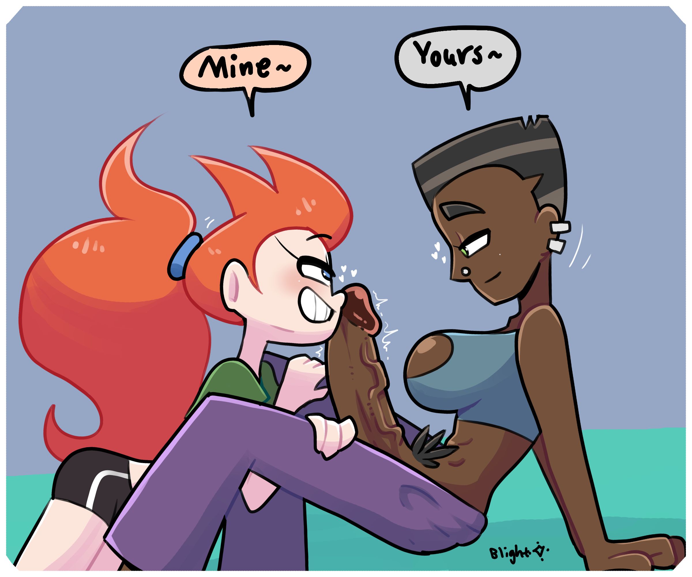 2025, 2futas, abs, blightstar, blush, breasts, bush, canon couple, claiming, cleavage window, clothed, cock worship, dark skin, dialogue, dolphin shorts, emily (blightstar), english text, futa on futa, futa only, futanari, ginger, hand on leg, intersex, jess (blightstar), kinktober, kinktober 2025, kneeling, large breasts, large penis, leaning back, legs apart, original, original character, original characters, penis, piercing, side view, sitting, smile, speech bubble, spreading legs, tagme, veiny penis