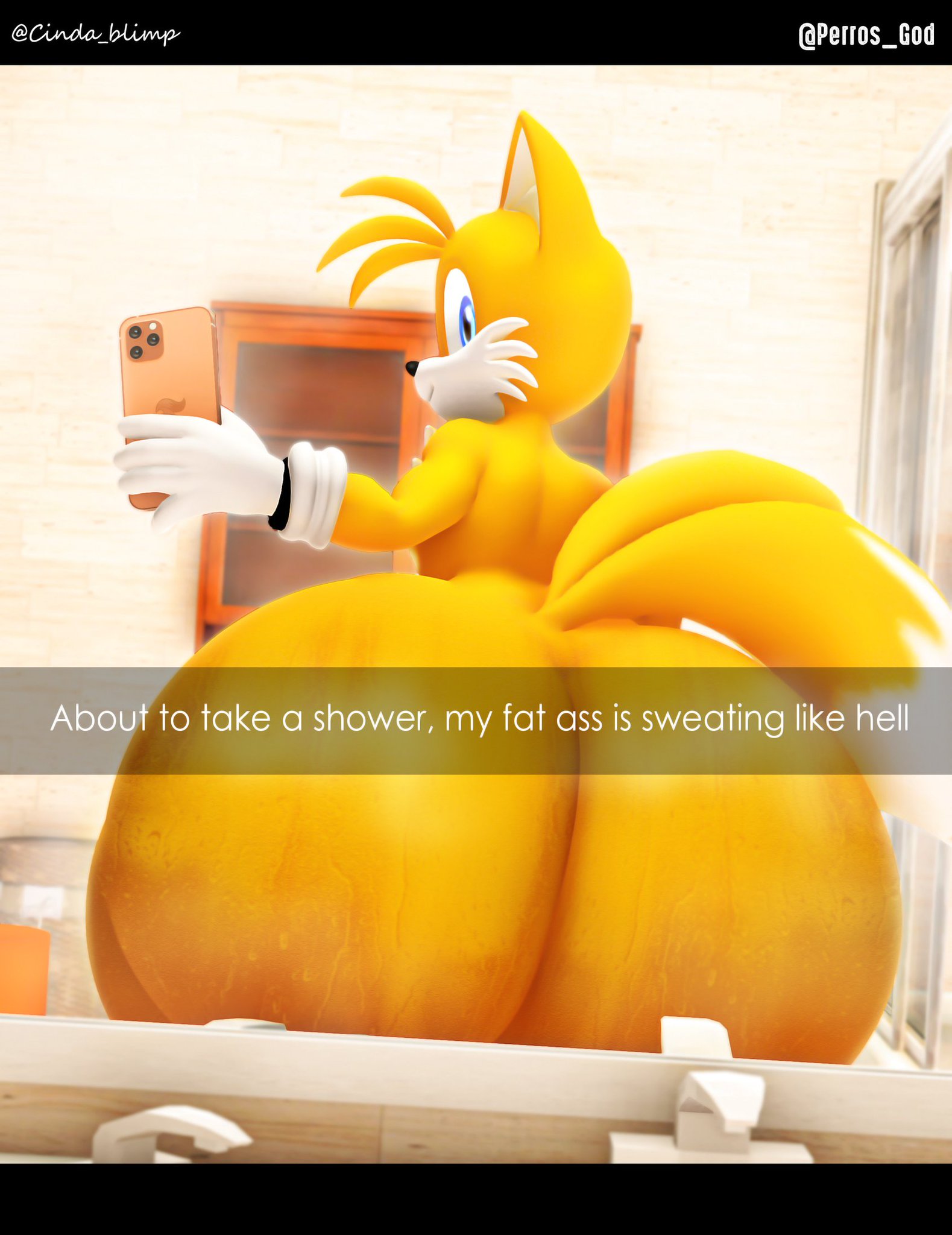 1boy, 1femboy, 3d, 3d (artwork), ass, bathroom, big ass, big ass (male), bottom heavy femboy, bubble ass, bubble butt, cindablimp, colossal ass, colossal butt, enormous ass, femboy, gay, gigantic ass, gigantic butt, huge ass, huge butt, huge thighs, hyper ass, large ass, large butt, male, massive ass, massive butt, massive thighs, miles tails prower, nude, nude male, perros god, sonic (series), sonic the hedgehog (series), sweat, sweaty, sweaty ass, sweaty body, sweaty butt, tagme, tails, tails the fox, taking picture, thicc thighs, thick thighs, wide hip, wide hips, wide thighs