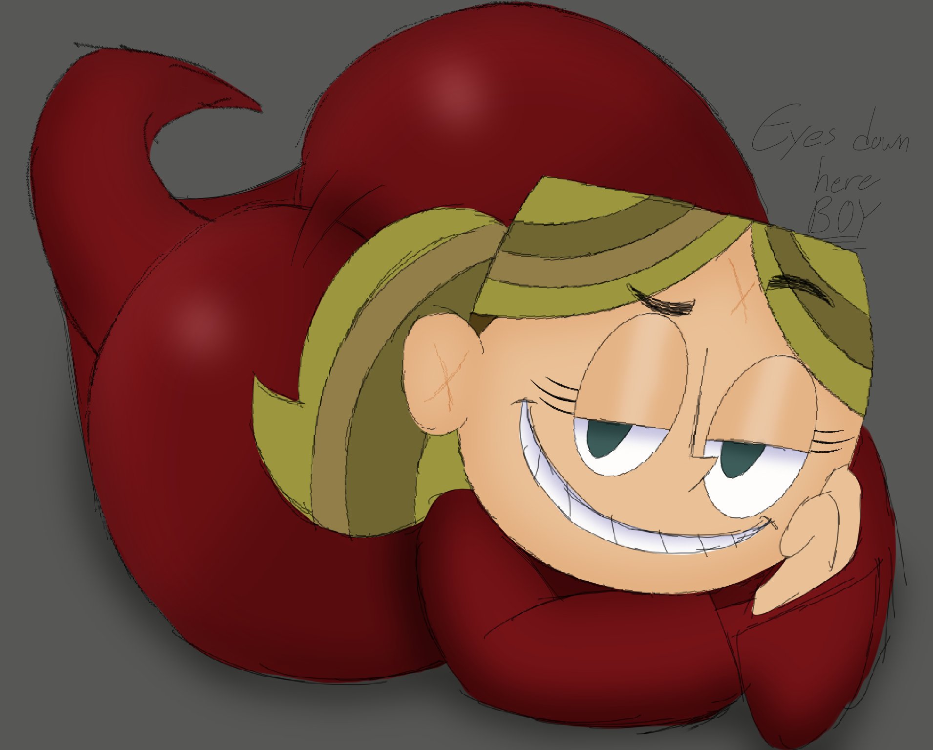 1girls, ass, ass bigger than head, ass focus, ass in dress, big ass, brown hair, clothing, crazy smile, cute, dark skin, dialogue, disney, dress, female, female only, green eyes, heloise, huge ass, jimmy two-shoes, large ass, looking at viewer, lying down, lying on ground, massive ass, ponytail, red dress, short stack, shortstack, smile, smug, smug face, solo, solo female, text, wifeyvoo
