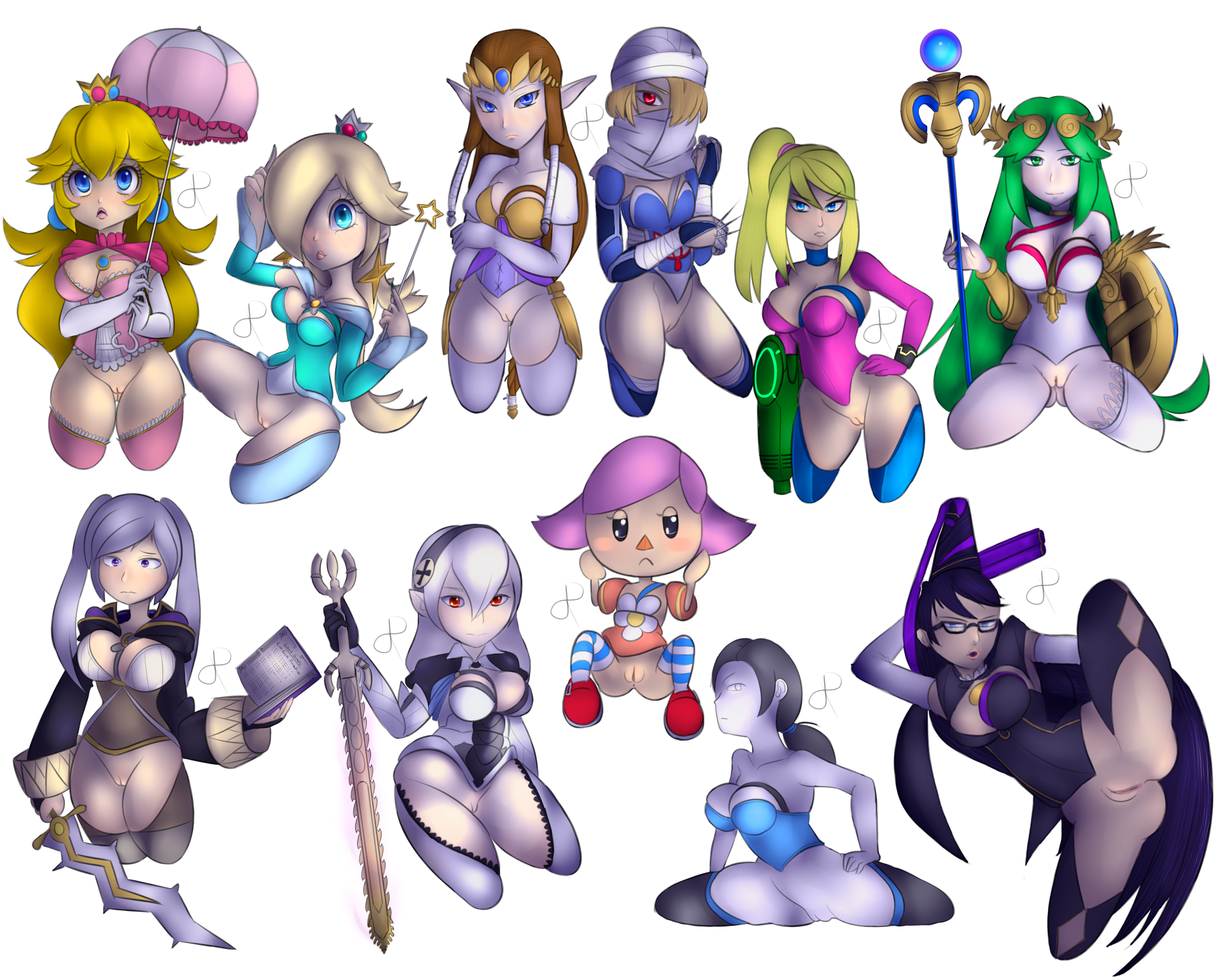 11girls, 6+girls, animal crossing, animal crossing girl, bare thighs, bayonetta, bayonetta (character), bottomless, breasts, corrin (fire emblem), corrin (fire emblem) (female), crossover, elbow gloves, female, female only, fire emblem, fire emblem awakening, fire emblem fates, gloves, inner thighs, kid icarus, mario (series), metroid, multiple females, multiple girls, nintendo, no panties, ocarina of time, palutena, princess peach, princess rosalina, princess zelda, pussy, rasenxoru, robin (fire emblem), robin (fire emblem) (female), samus aran, sheik, simple background, sitting, source request, spread legs, standing, super smash bros., super smash bros. for nintendo 3ds and wii u, the legend of zelda, thighs, twilight princess, villager (animal crossing), white background, wii fit, wii fit trainer, wii fit trainer (female), zelda (twilight princess)