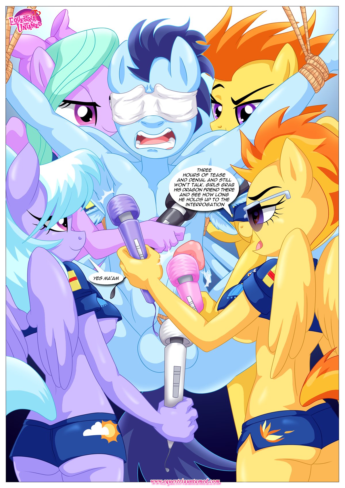 4girls ass blindfold breasts caption colored equine female flight_jacket forced friendship_is_magic furry hair hitachi_magic_wand horse magic male mammal my_little_pony necktie palcomix penis pony rape sex_toy spitfire_(mlp) straight testicles text torture uncensored underboob vibrator wonderbolts_(mlp)