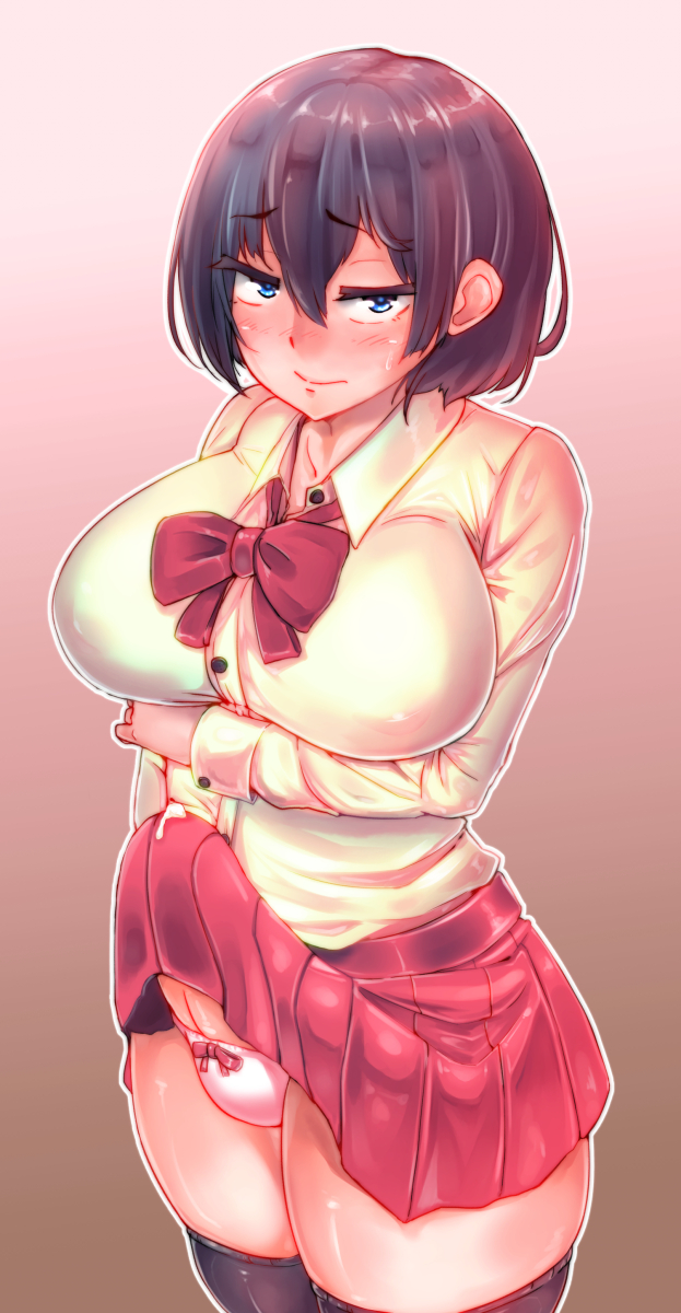 1futa, balls, balls bulge, balls in panties, blue eyes, blush, breasts, brown hair, curvy, embarrassed, erect nipples, erection, erection under clothes, erection under skirt, futa only, futanari, horny, huge breasts, intersex, large penis, looking at viewer, nipple bulge, nipples, panties, panty bulge, penis, penis bulge, penis under clothes, penis under skirt, precum, precum drip, precum through clothing, skirt, skirt lift, solo, tenting, uncensored, urakata (artist)