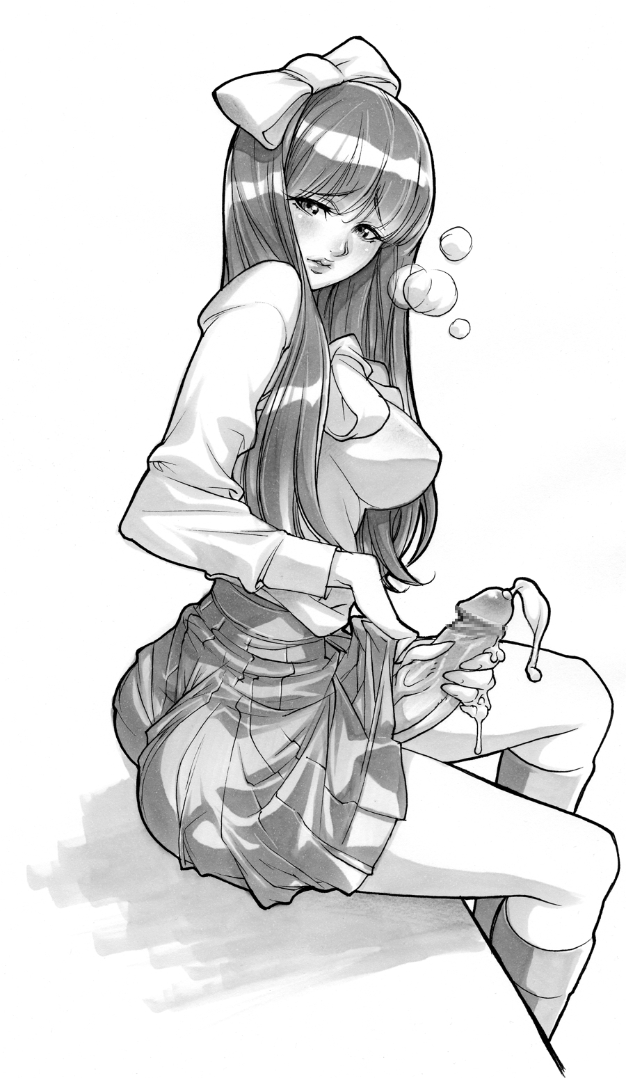 1futa ass blush bow breasts breath censored cum daikon_(artist) ejaculation erection futa_only futanari hair_ornament hairbow intersex long_hair looking_at_viewer masturbation monochrome original parted_lips penis school_uniform sitting skirt solo veiny veiny_penis