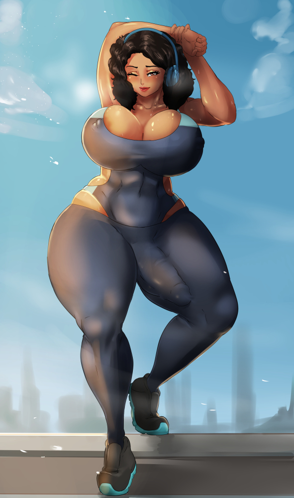 1futa, balls, black hair, breasts, bulge, busty, cameltail, cleavage, donaught, erect nipples, erection, erection under clothes, futa only, futanari, huge cock, intersex, looking at viewer, nipples, penis, penis under clothes, skin tight, solo, testicles, tight clothes, voluptuous, wink
