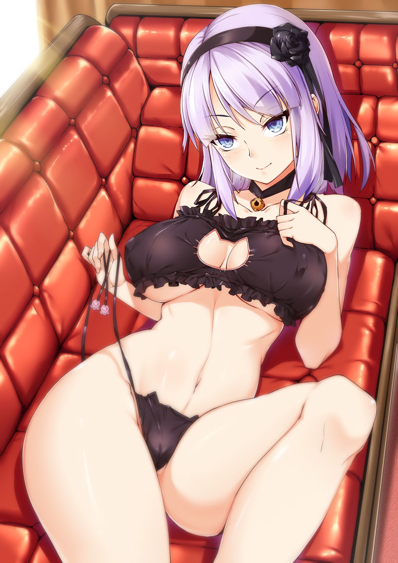 1girls alternate_costume bangs bell bell_choker black_panties black_ribbon black_rose blue_eyes breasts cat_cutout cat_ear_panties cat_keyhole_bra cat_lingerie choker closed_mouth collarbone couch dagashi_kashi erect_nipples eyebrows eyebrows_visible_through_hair female female_only femdom flower frills hair_flower hair_ornament hair_ribbon hairband holding jingle_bell large_breasts lying merufena navel on_back panties purple_hair ribbon ringed_eyes rose shidare_hotaru short_hair side-tie_panties smile solo stomach underboob underwear underwear_only untied untied_panties