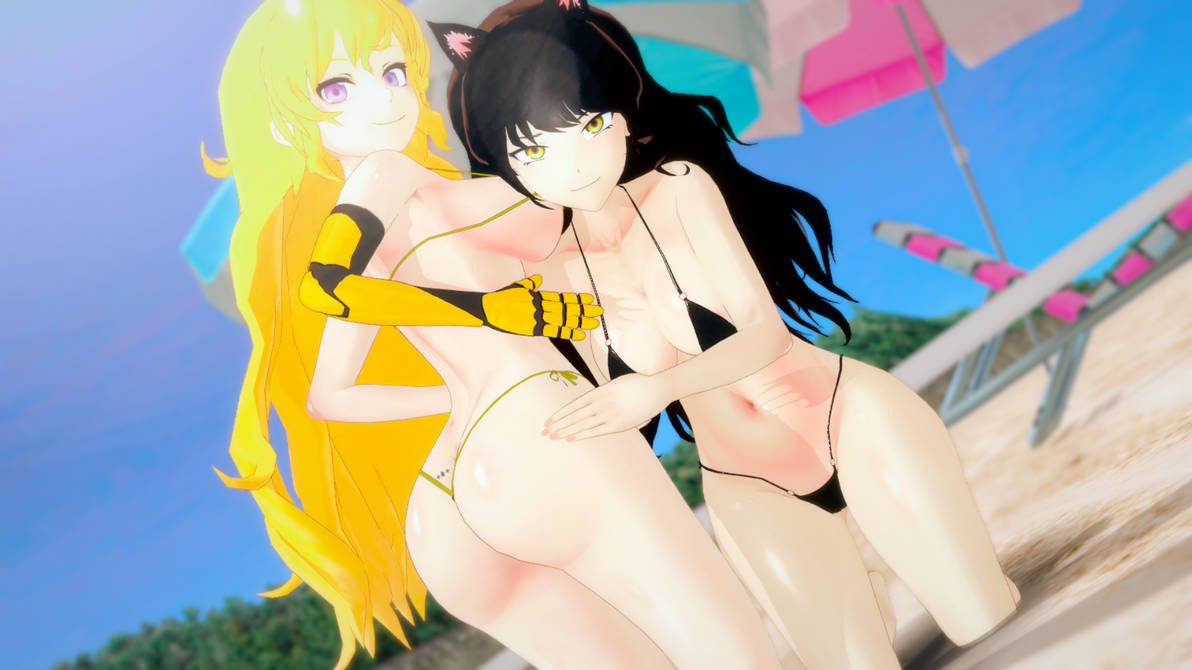 2girls black_hair black_hair_female blake_belladonna blonde_female blonde_hair breasts canon_couple cat_ears half-dressed half_naked half_naked_female logang45 long_hair long_hair_female purple_eyes robotic_arm rwby yang_xiao_long yellow_eyes