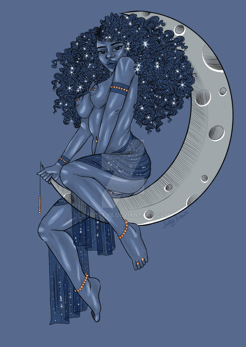 anklet belly_button_piercing blue_body blue_hair blue_nipples blue_skin breasts breasts_out bybettyb crescent_moon curly_hair greek_mythology jewelry loincloth moon nipple_piercing nipples nyx_(mythology) peircings star stars stars_in_hair toe_ring